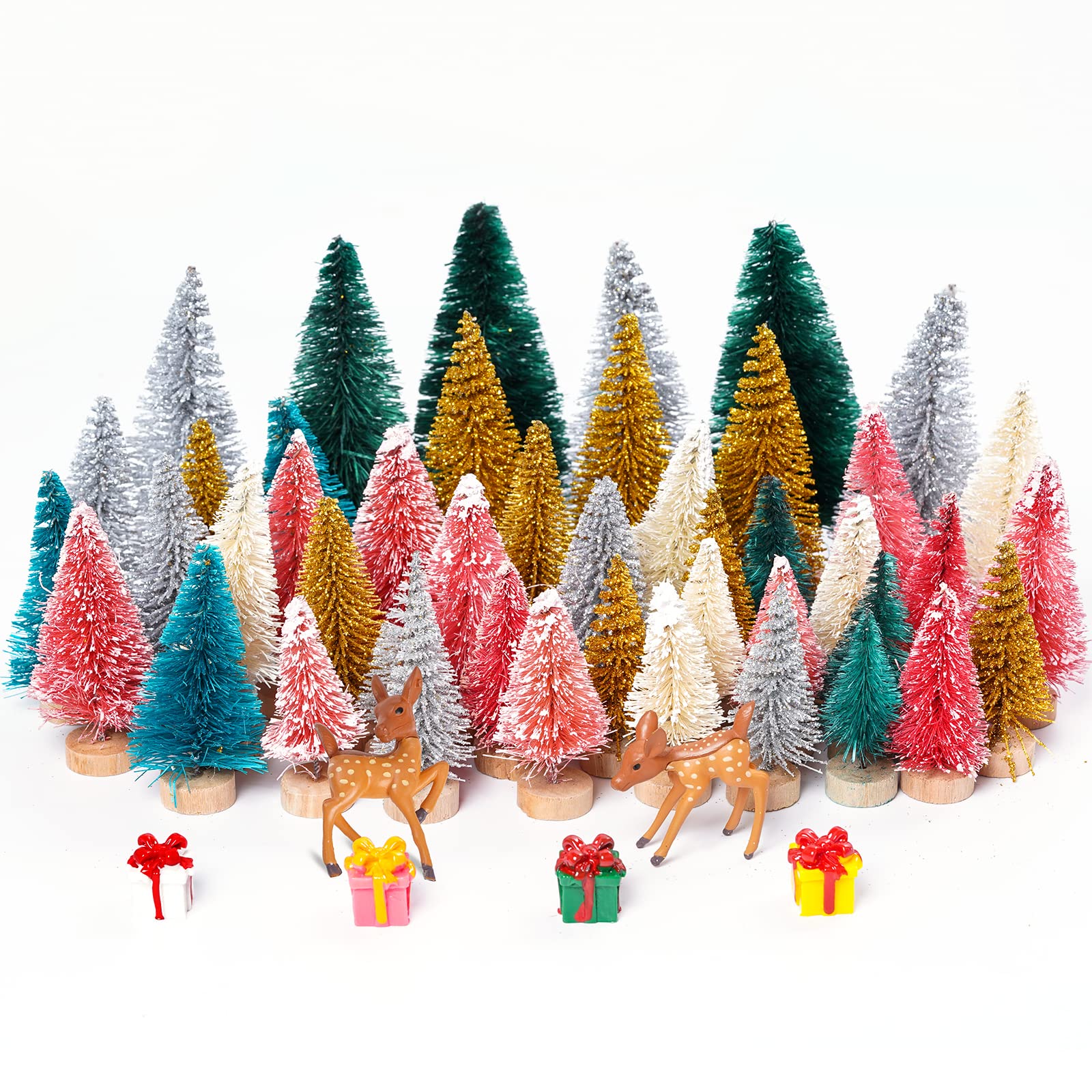 Yookat 51Pcs Mini Pine Trees Artificial Mini Trees with Wood Base Sisal Trees Bottle Brush Trees Assorted Color and Deer Boxes W