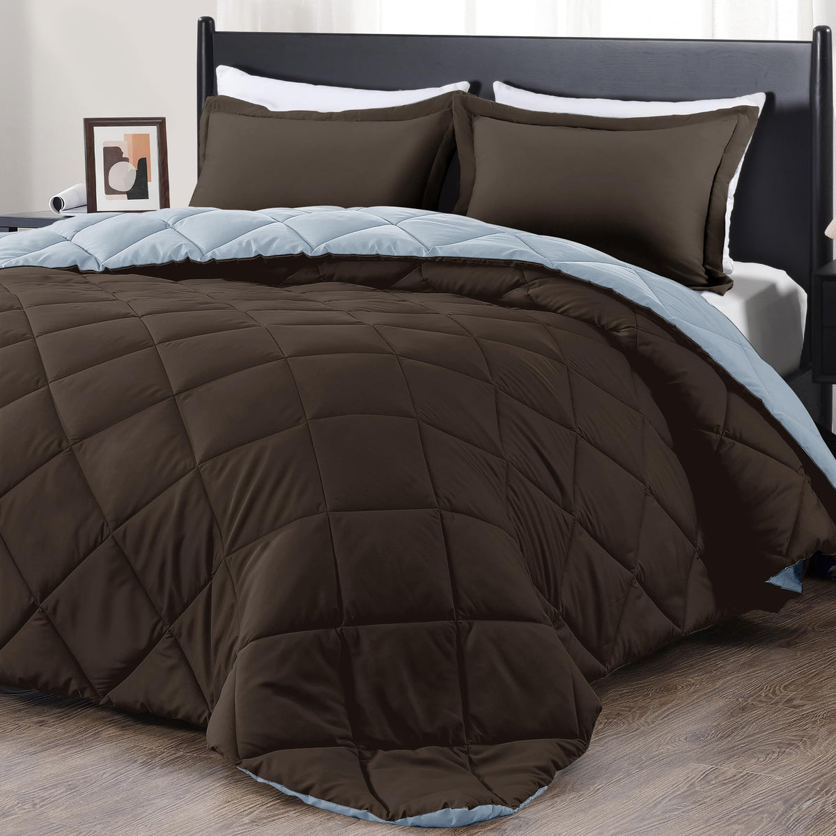 Downluxe Queen Comforter Set - Brown And Blue Queen Comforter, Soft Bedding Sets For All Seasons -3 Pieces - 1 Comforter (88'X9