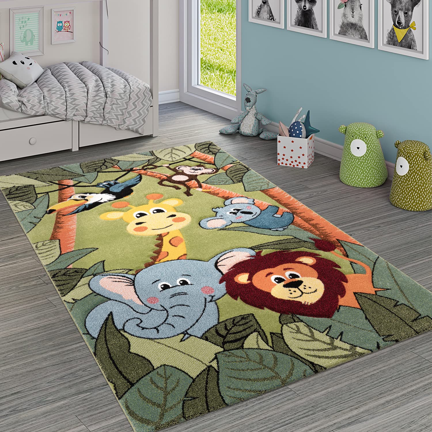 Green Kids Rug with Jungle Animals for The Childrens Room, Size:67 x 96