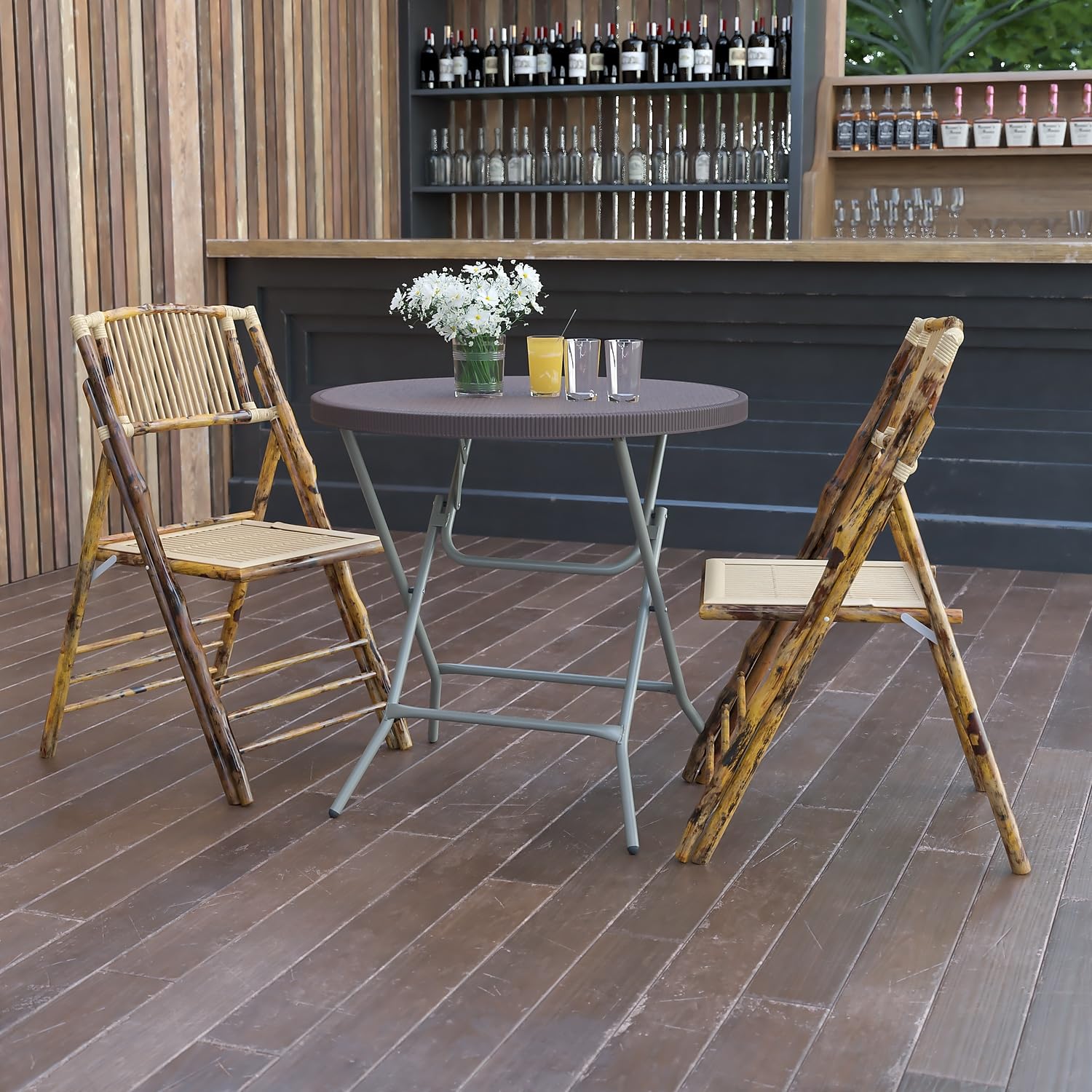 Flash Furniture Trellis 2.6-Foot Round Brown Rattan Plastic Folding Table