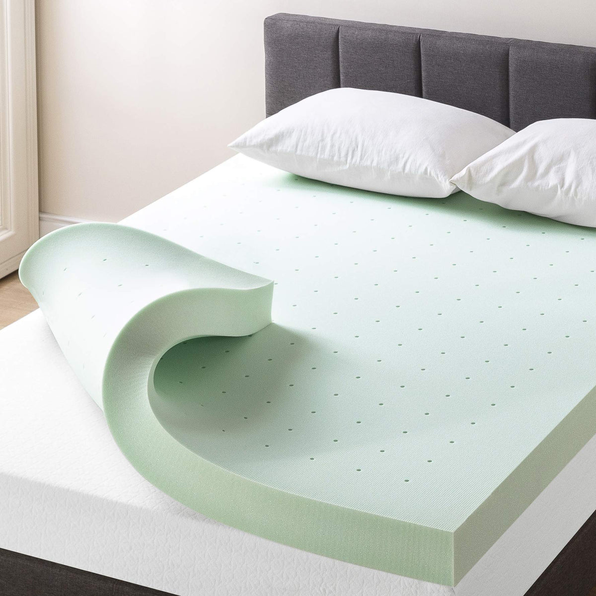 Best Price Mattress 4 Inch Ventilated Memory Foam Mattress Topper With Calming Green Tea Infusion, Certipur-Us Certified, Short