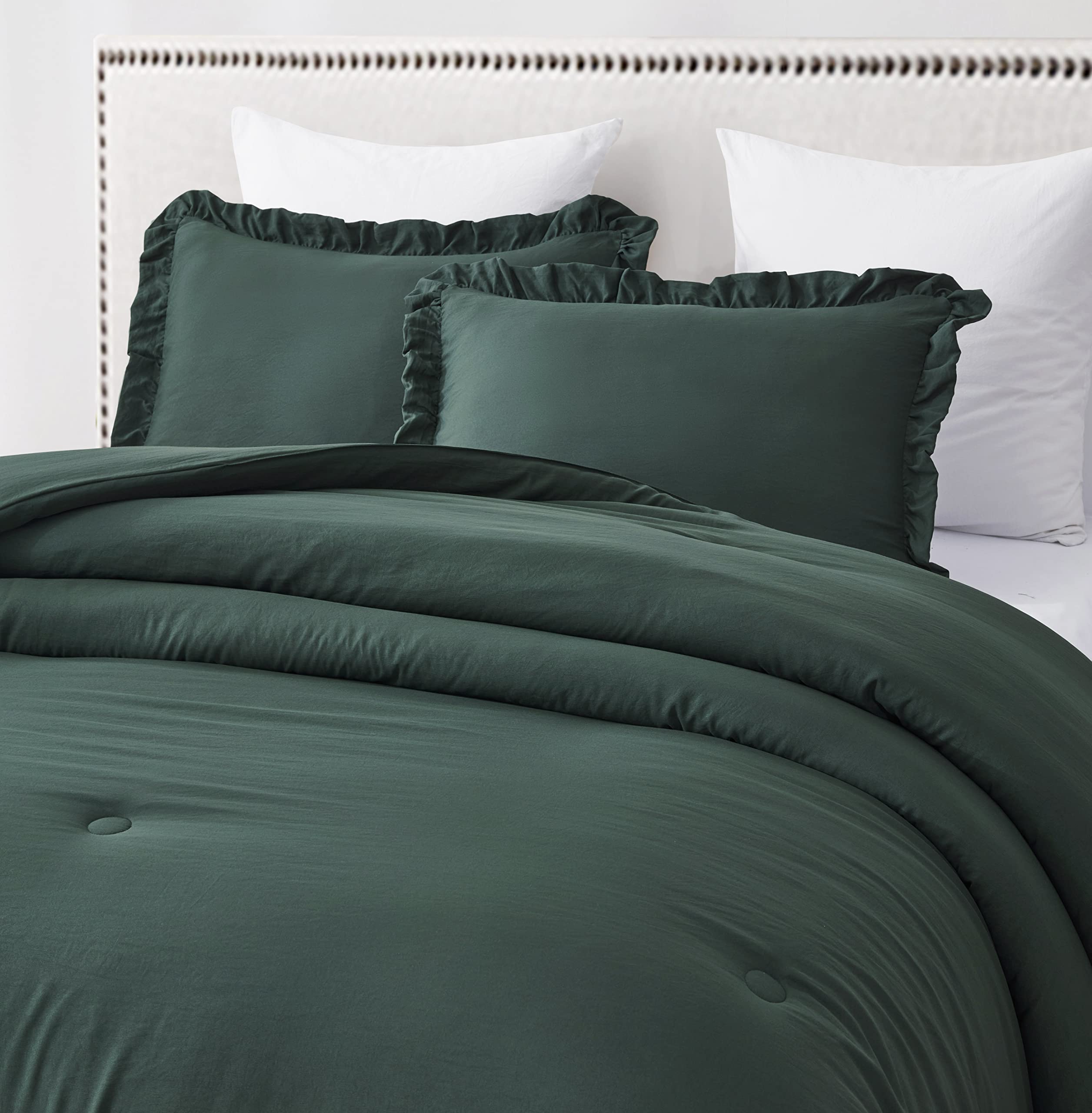 Chezmoi Collection Nora Emerald Green Comforter Set Full Size 3-Piece Fluffy Soft Lightweight Bedding Ruffled Edge Trim Stone-Wa