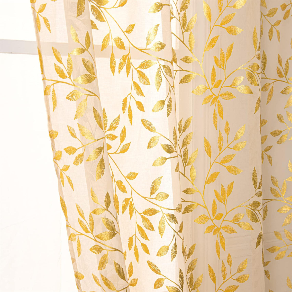 Deeprove Beige Sheer Curtains 108 Inches Long For Bedroom Living Room Dining Room Nursery, Abstract Metallic Gold Foil Vine Leav