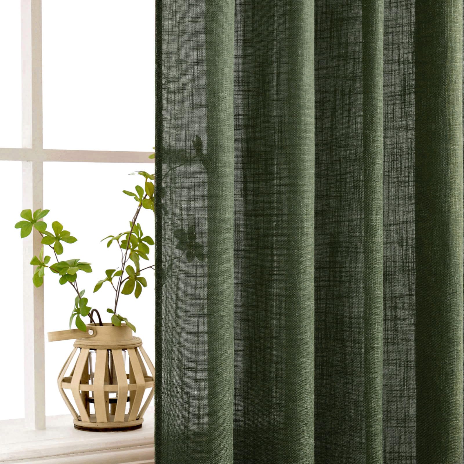Miulee Olive Green Linen Curtains 102 Inch Length 2 Panels For Bedroom Living Room, Soft Thick Linen Textured Window Drapes Semi Sheer Light Filtering Back Tab Rod Pocket Burlap Look Decor