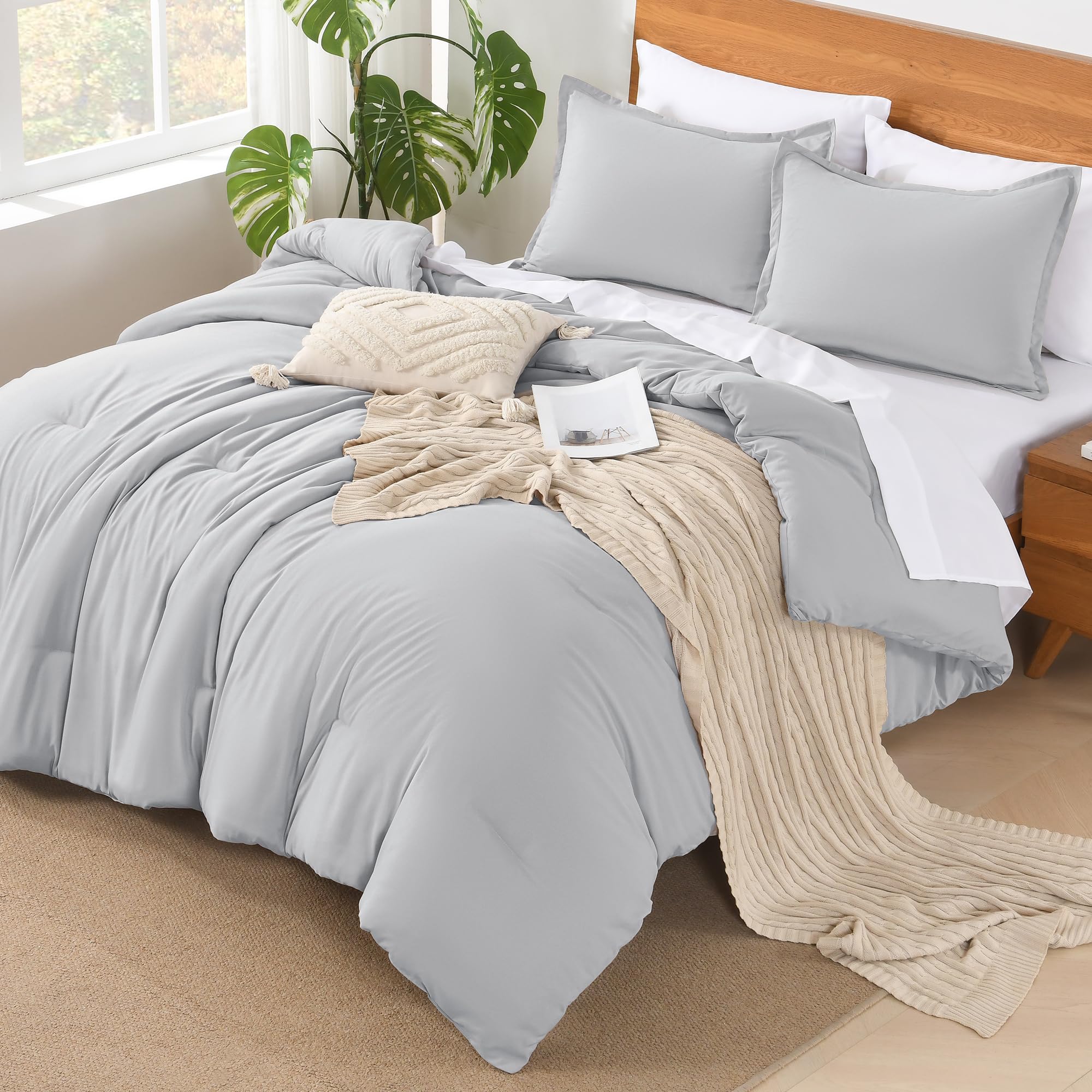 Andency Light Grey California King Comforter Set - 7 Pieces Gray Cal King Bedding Comforter Sets, Summer Plain Soft Lightweight Comforter With Fitted Sheets, Flat Sheets, Pillowcases & Shams