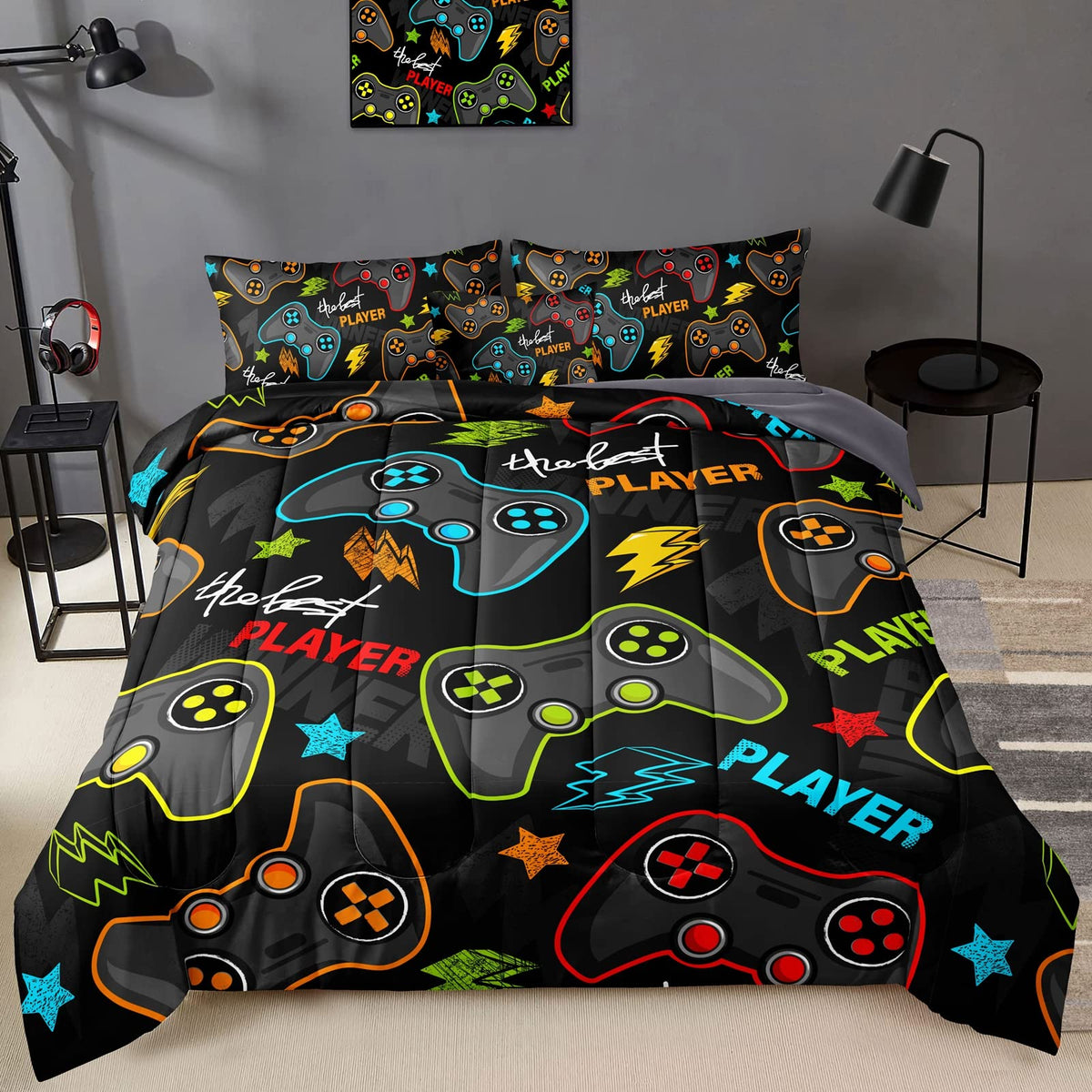 Bducok 6 Pieces Gamer Comforter Set For Boys Gaming Bedding Set Queen Size,Video Game Controller Comforter For Boys Kids Adult 3