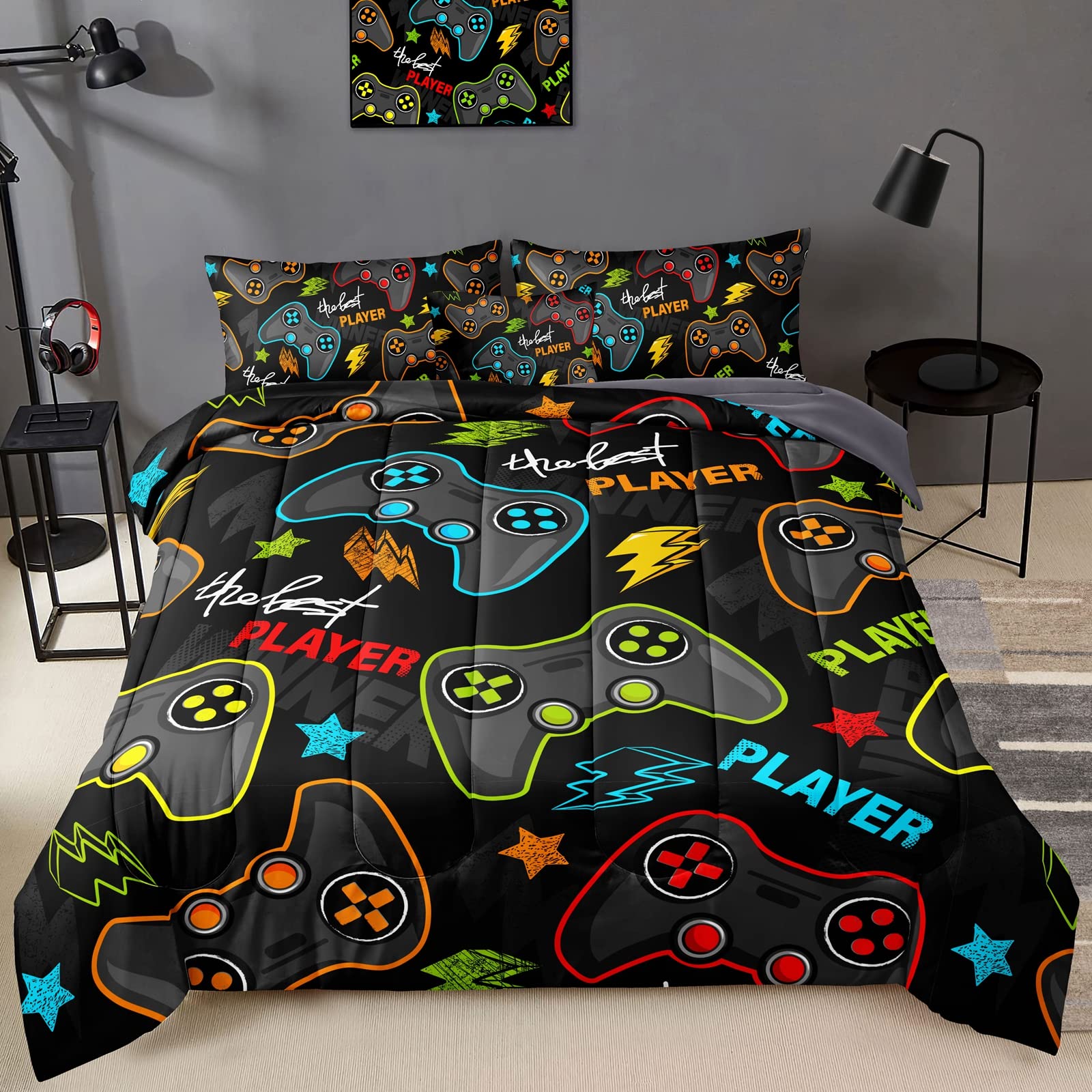 Bducok 6 Pieces Gamer Comforter Set For Boys Gaming Bedding Set Queen Size,Video Game Controller Comforter For Boys Kids Adult 3