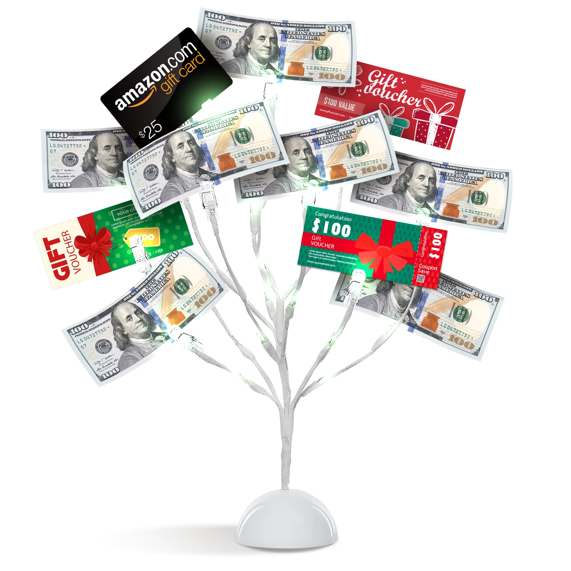 MEIN SCHATZ Money Tree Gift Card Holder with 10 Clips & LED Lighted Tips - White Plastic