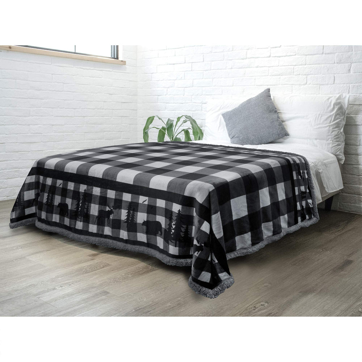 Pavilia Winter Cabin Sherpa Blanket Throw Twin | Flannel Fleece Christmas Blanket | Plaid Holiday Blanket Gift | Plush, Soft, Wa