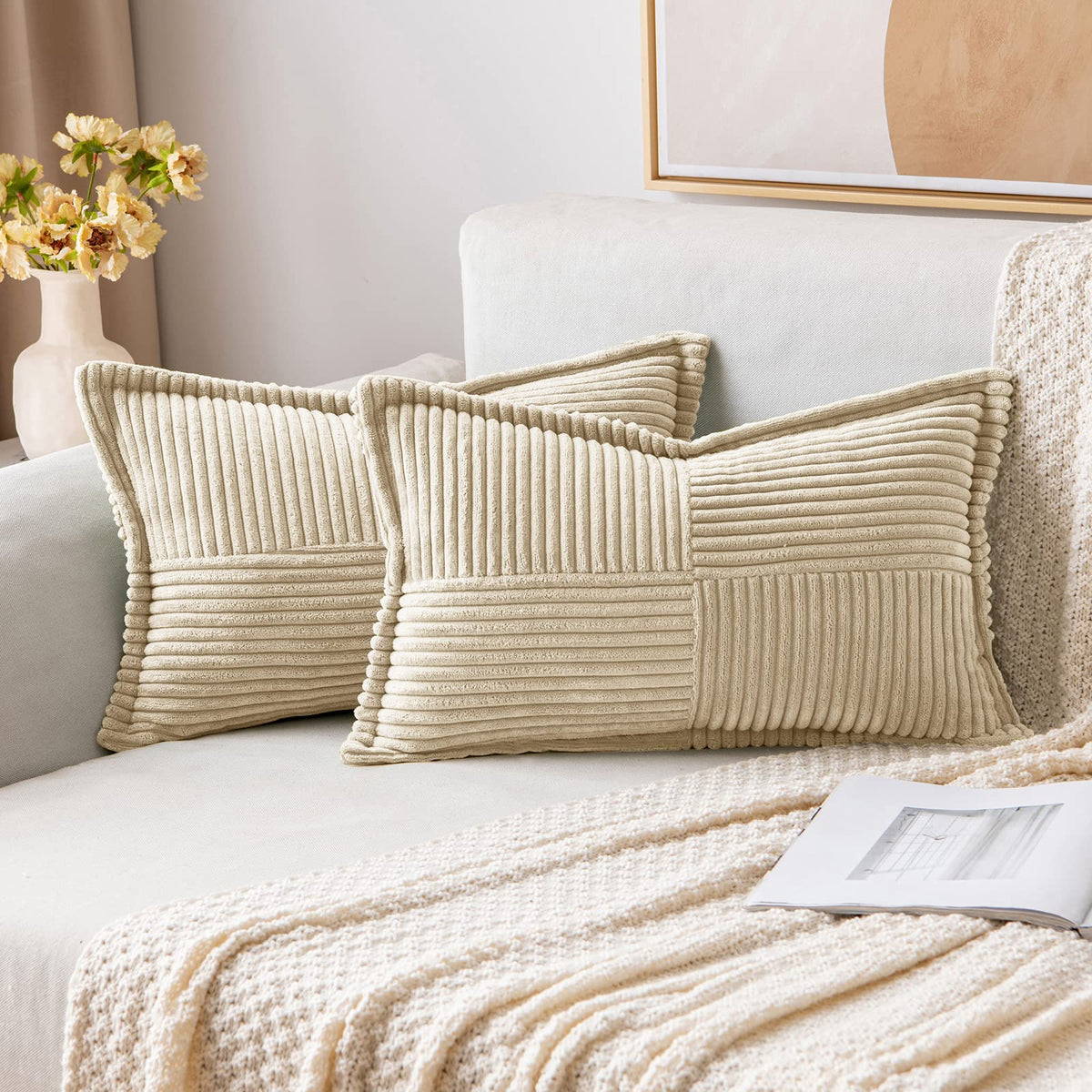 Miulee Cream Corduroy Pillow Covers With Splicing Set Of 2 Super Soft Couch Pillow Covers Broadside Striped Decorative Textured