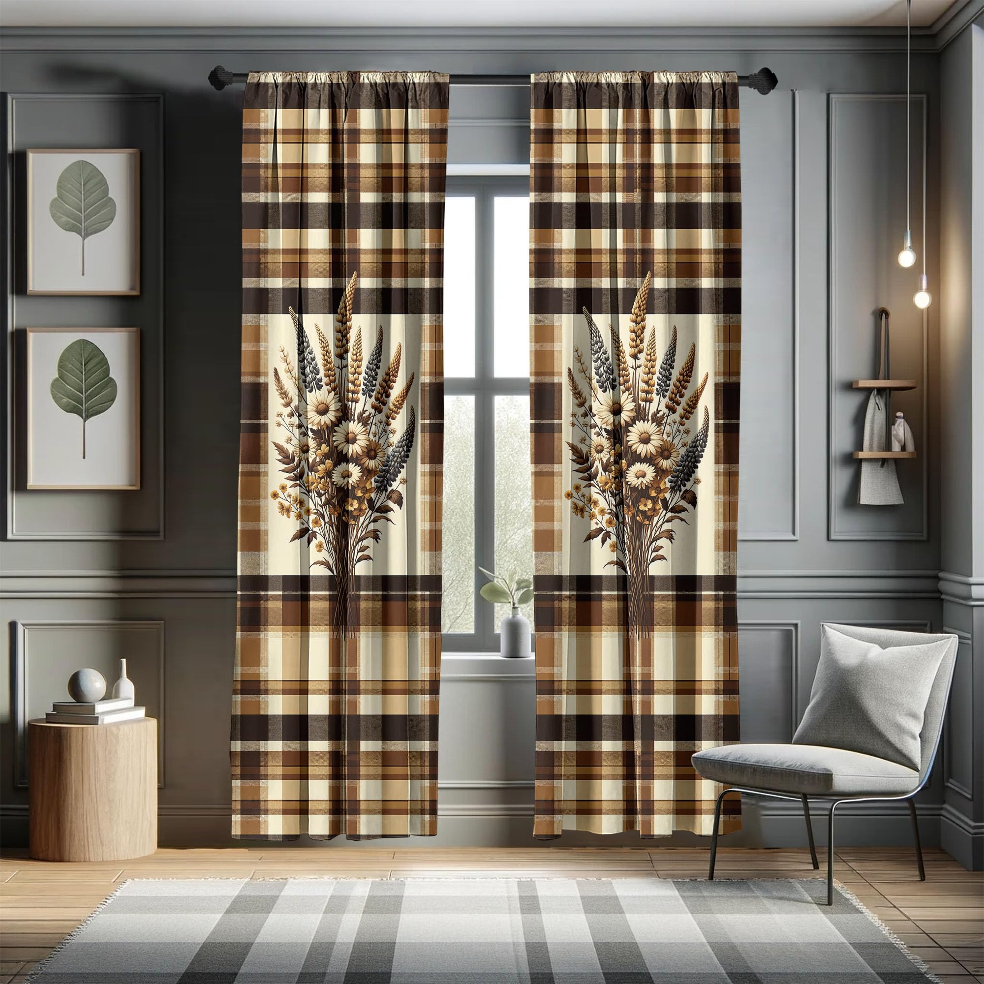 Ambesonne Autumnal Window Curtains Pack Of 2, Earthy Fall Tone Leafy Floral Bouquet Illustration With Tartan Plaid Back, Lightwe