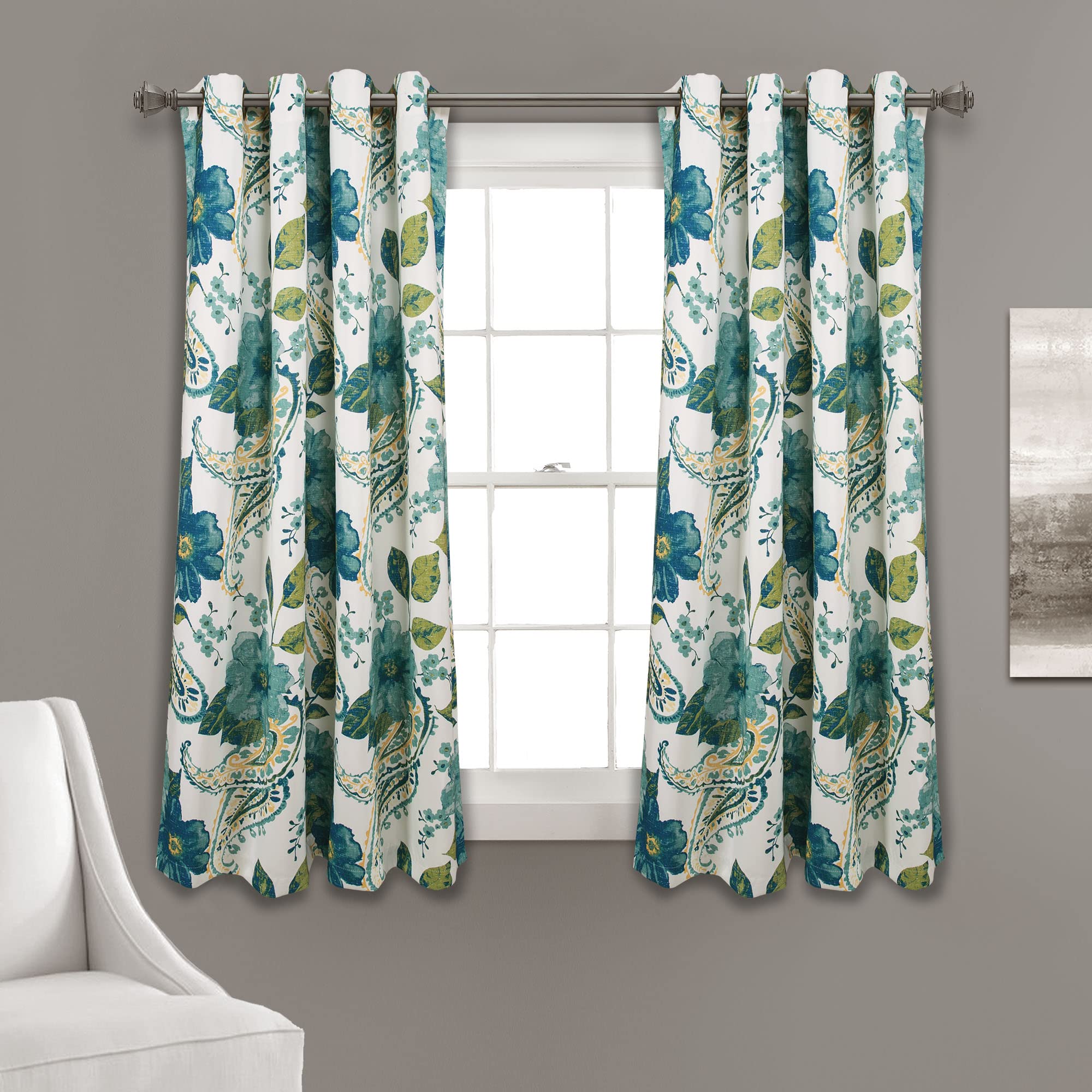 Lush Decor Floral Paisley Light Filtering Window Curtain Panel Pair, 52W x 45L, Blue