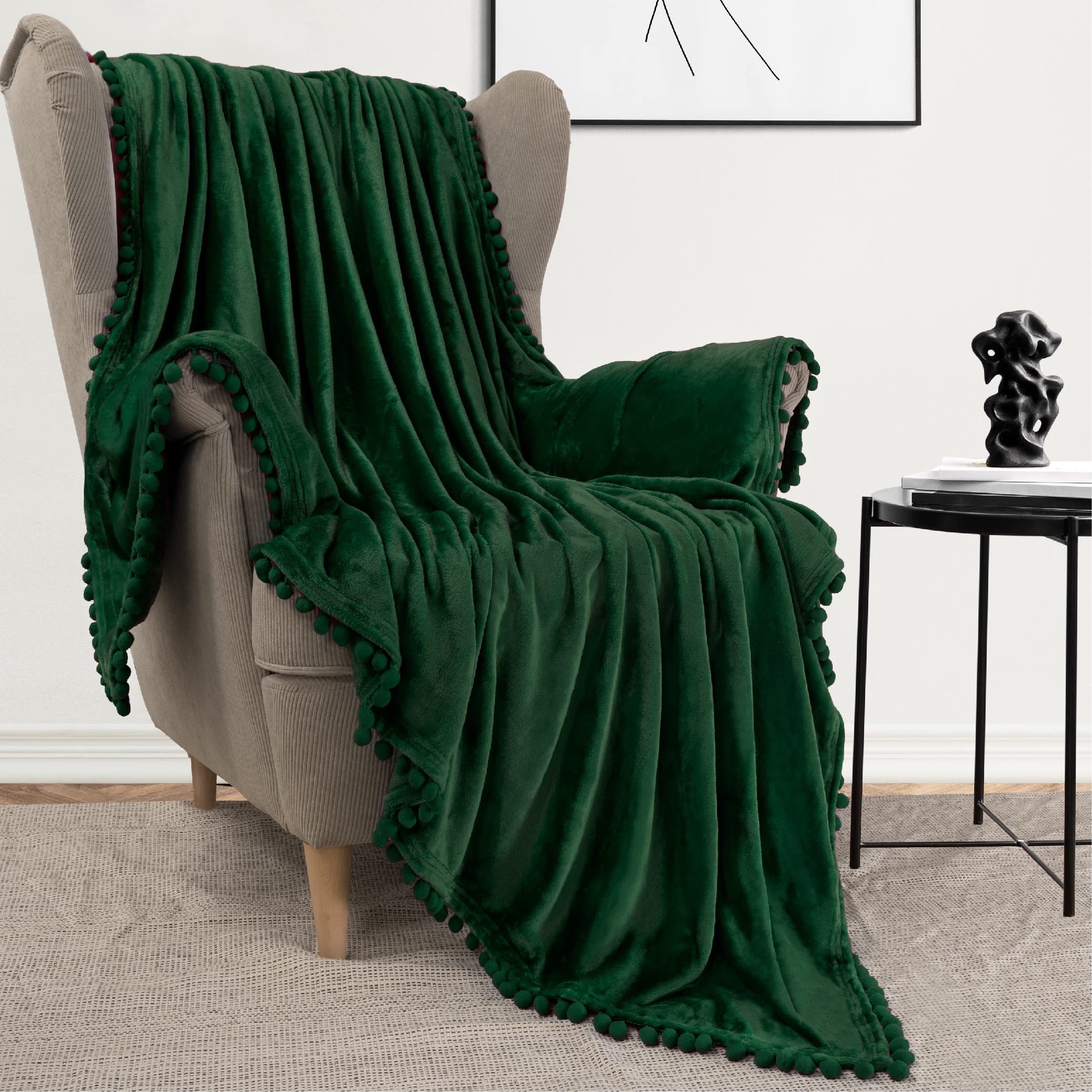 Pavilia Pom Pom Blanket Throw Twin, Emerald Green Dark | Soft Fleece Pompom Fringe Blanket For Couch Bed Sofa | Decorative Cozy