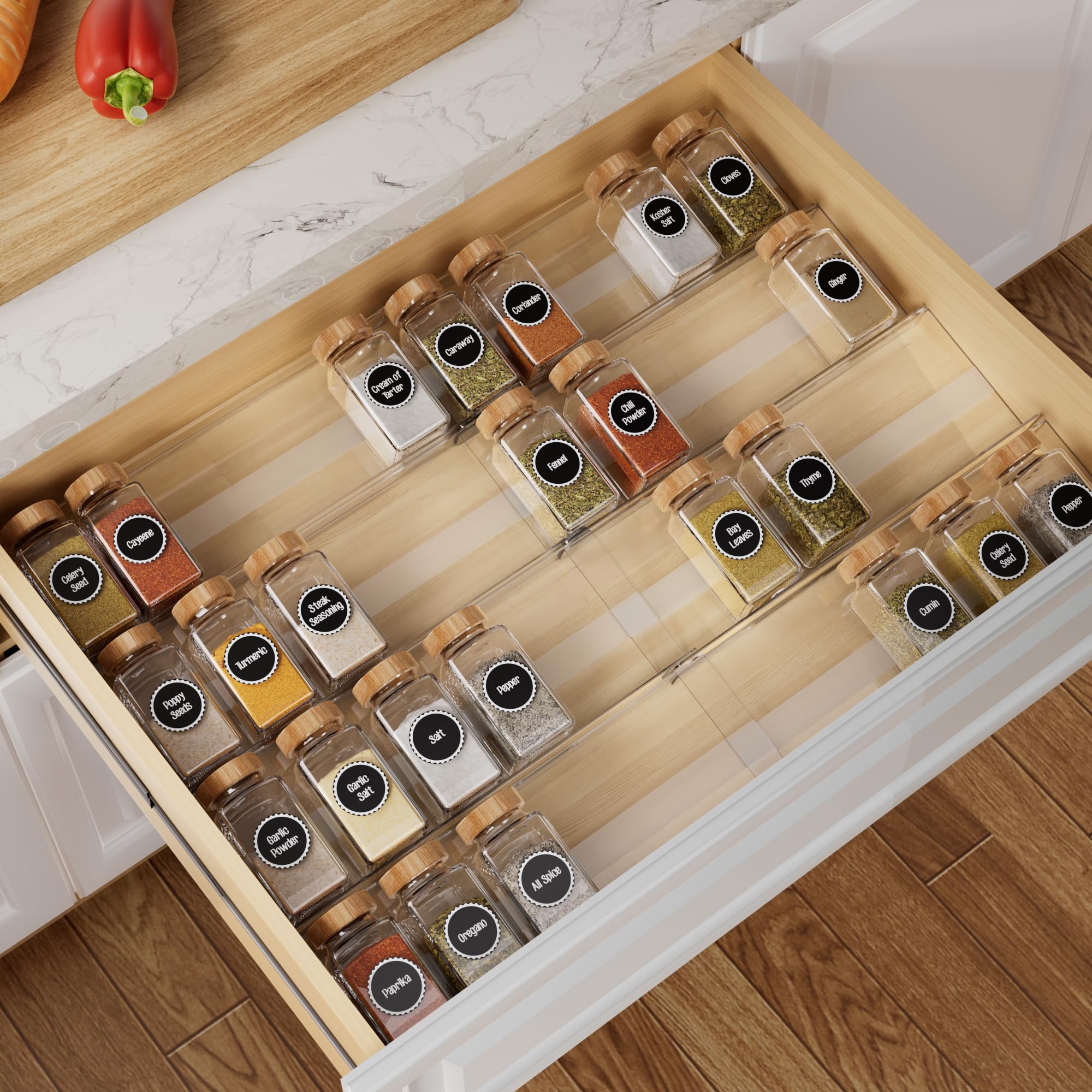 Brippo 8Pack Spice Drawer Organizer, Expandable Acrylic Seasoning Rack (13 To 26) With AntiSlip Mat, Kitchen Spice Rack Tray