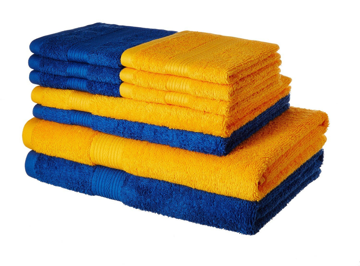 Amazon Brand  Solimo 100% Cotton 10 Piece Towel Set, 500 GSM (Iris Blue and Sunshine Yellow)