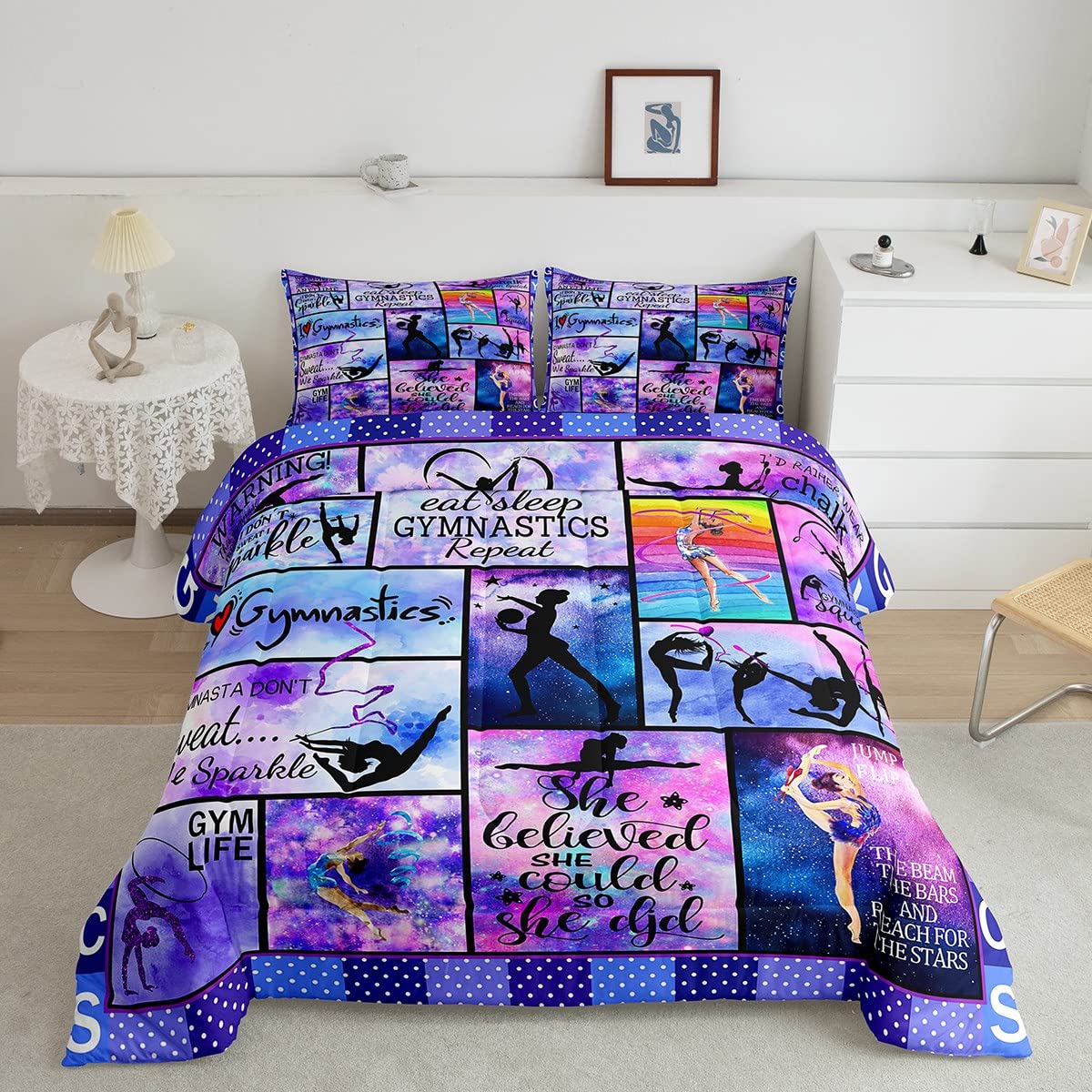 Manfei Gymnastics Comforter Set Full Size Gymnastics Lovers Bedding Set 3Pcs For Gymnast Girls Teens Room Decor, Geometric Check