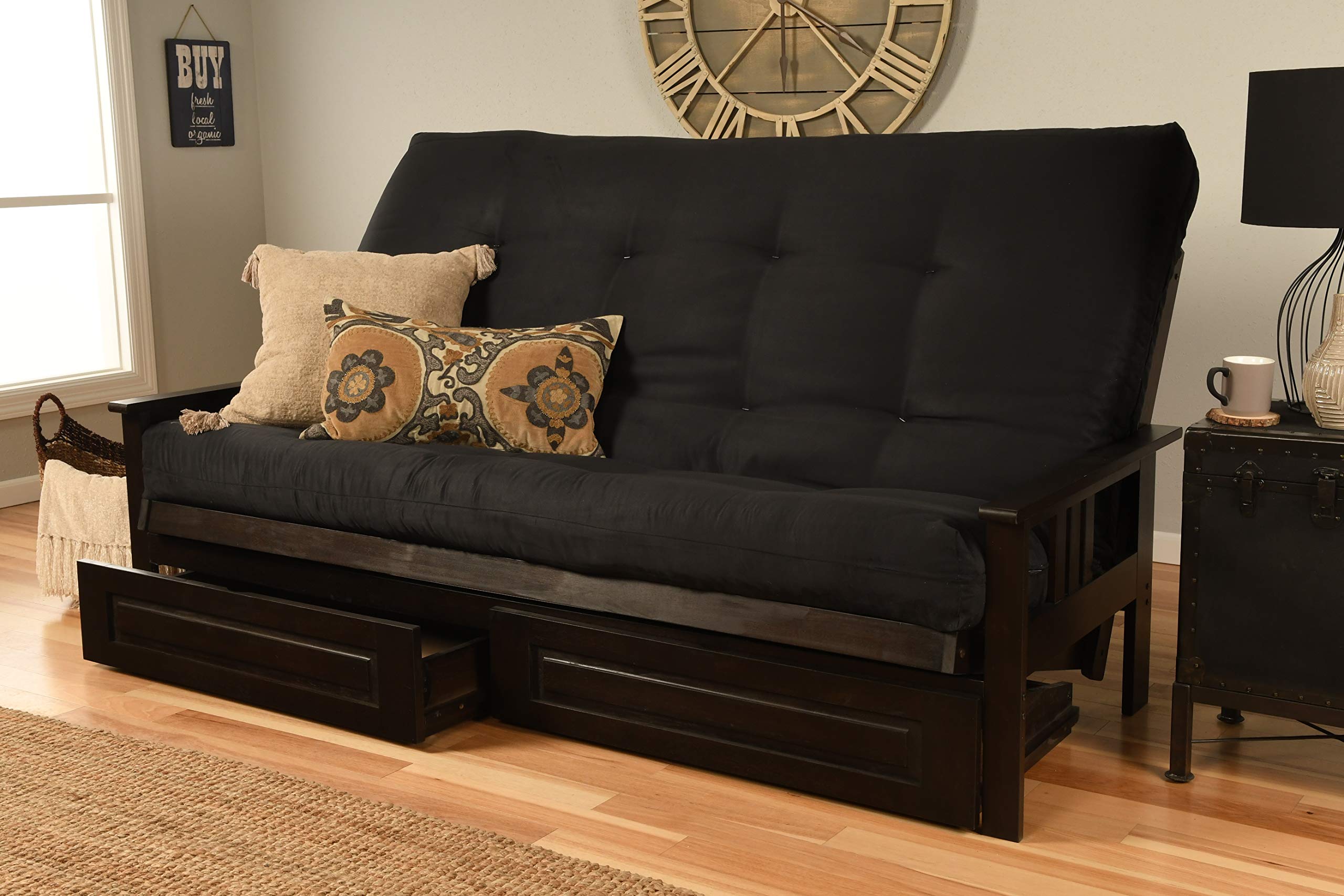Kodiak Furniture Monterey Queen-Size Futon, Storage Drawers, Espresso Finish With Suede Black Mattress