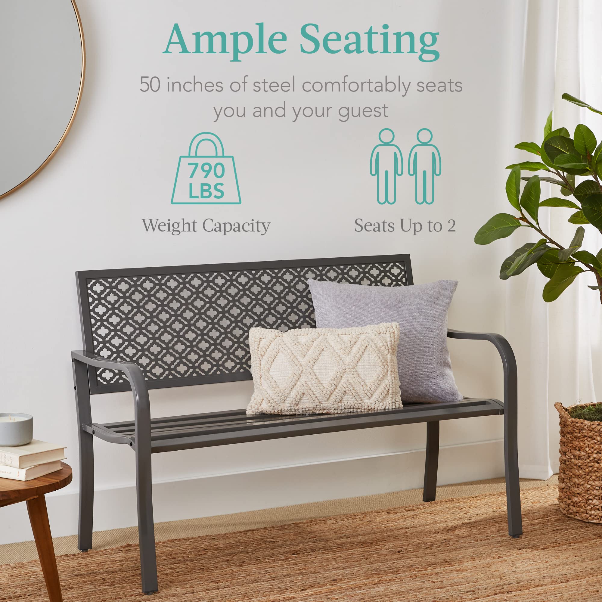 Best Choice Products Outdoor Bench 2-Person Metal Steel Benches Furniture For Garden, Patio, Porch, Entryway W/Geometric Backrest, 790Lb Capacity – Gray