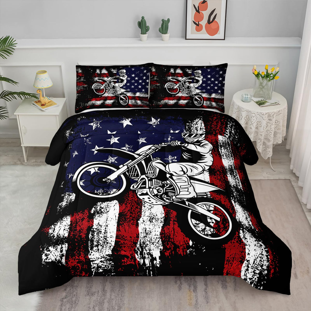 Axolotl Dirt Bike Comforter Set Twin,American Flag Bedding Set,Motocross Comforter Set,White Red Stripes Stars Comforter Set,Mot
