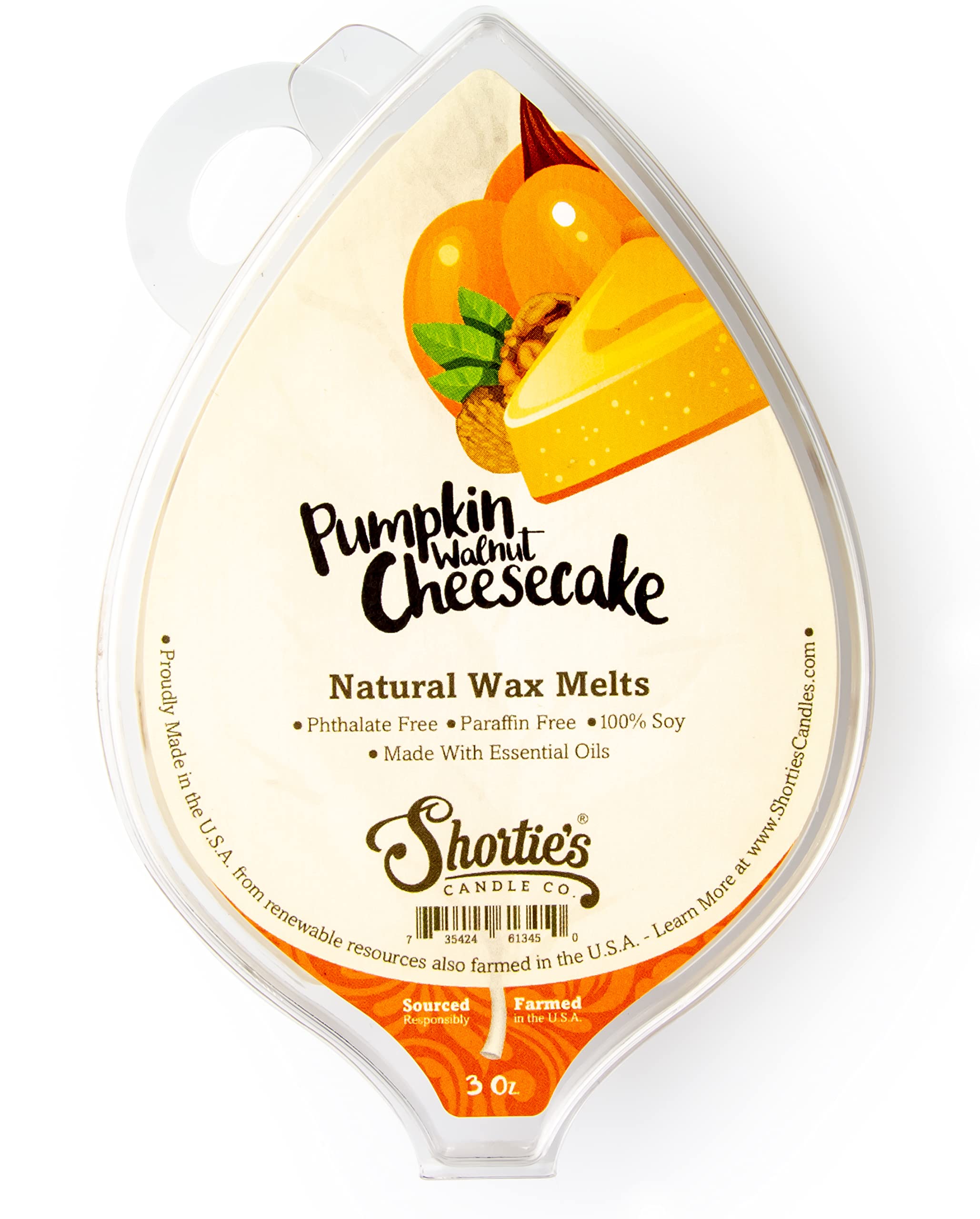 Shorties Candle Company Pumpkin Walnut Cheesecake Natural Soy Wax Melts - 1 Highly Scented 3 Oz. Bar - Made with 100% Soy and E