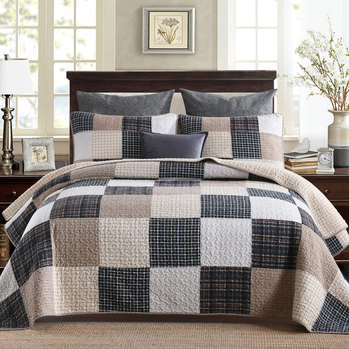 Perhom 100% Cotton King Size Quilt Set - Lightweight Bedding Set, Real-Patchwork Plaid Pattern Printed Farmhouse Bedspreads, Sof