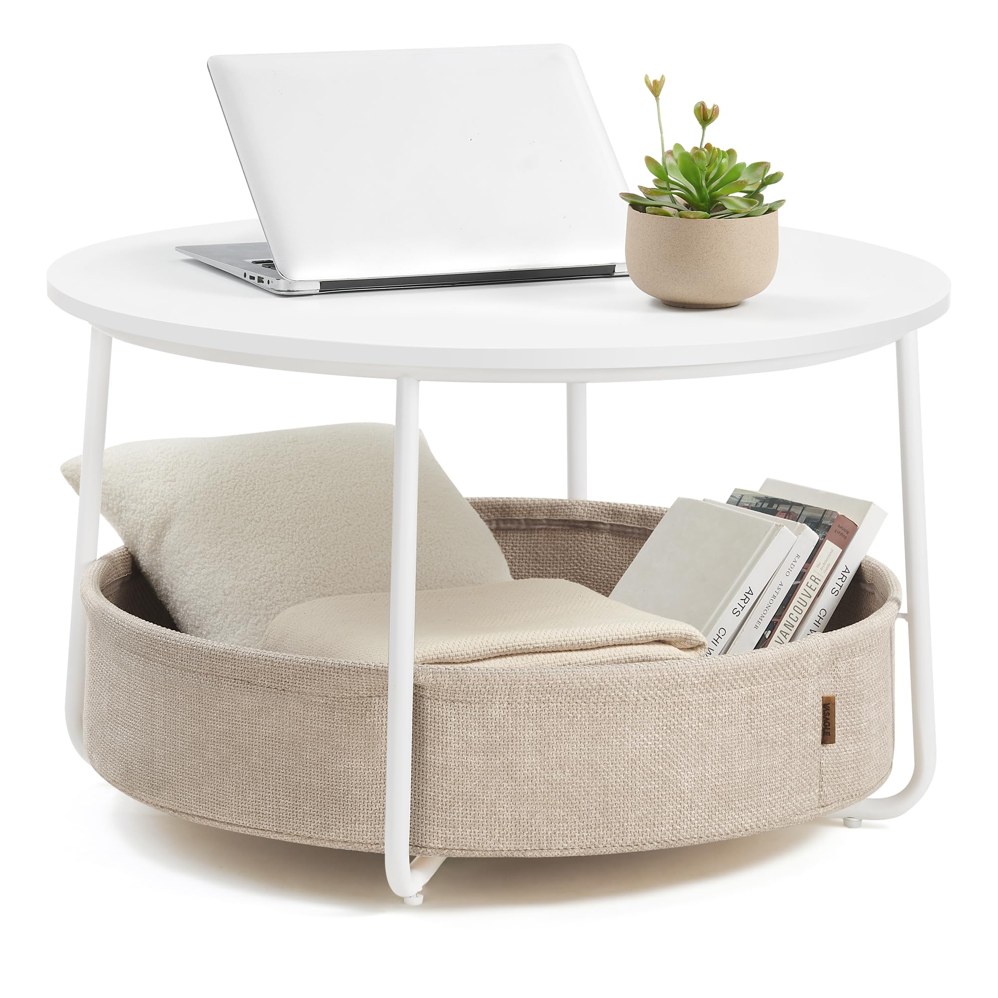 VASAGLE Coffee Table with Storage, Round Center Table for Living Room with Fabric Basket, Modern Style, Metal Frame, Matte White