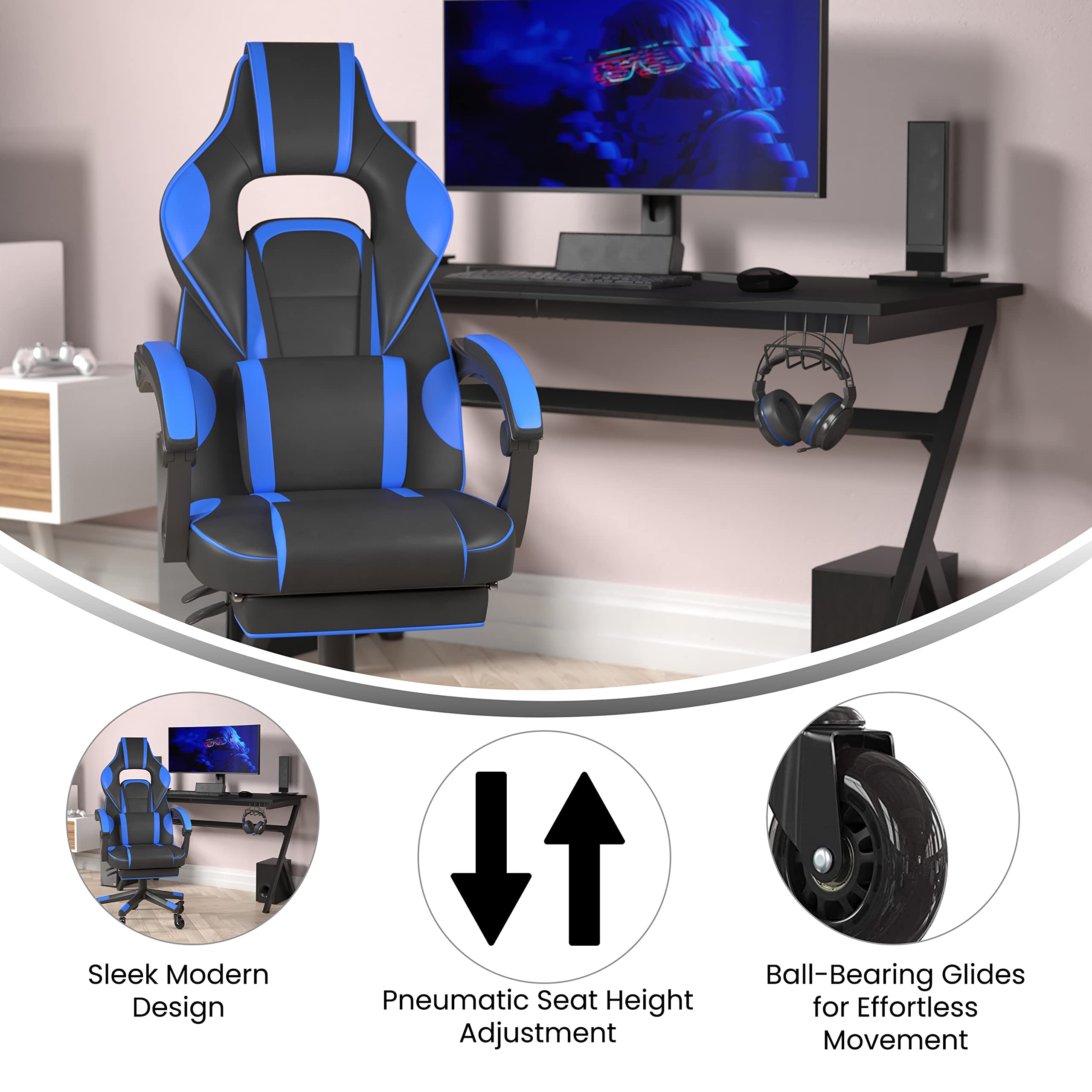 Flash Furniture X40 Gaming Chair Racing Computer Chair With Fully Reclining Back/Arms And Transparent Roller Wheels, Slide-Out Footrest, - Black/Blue