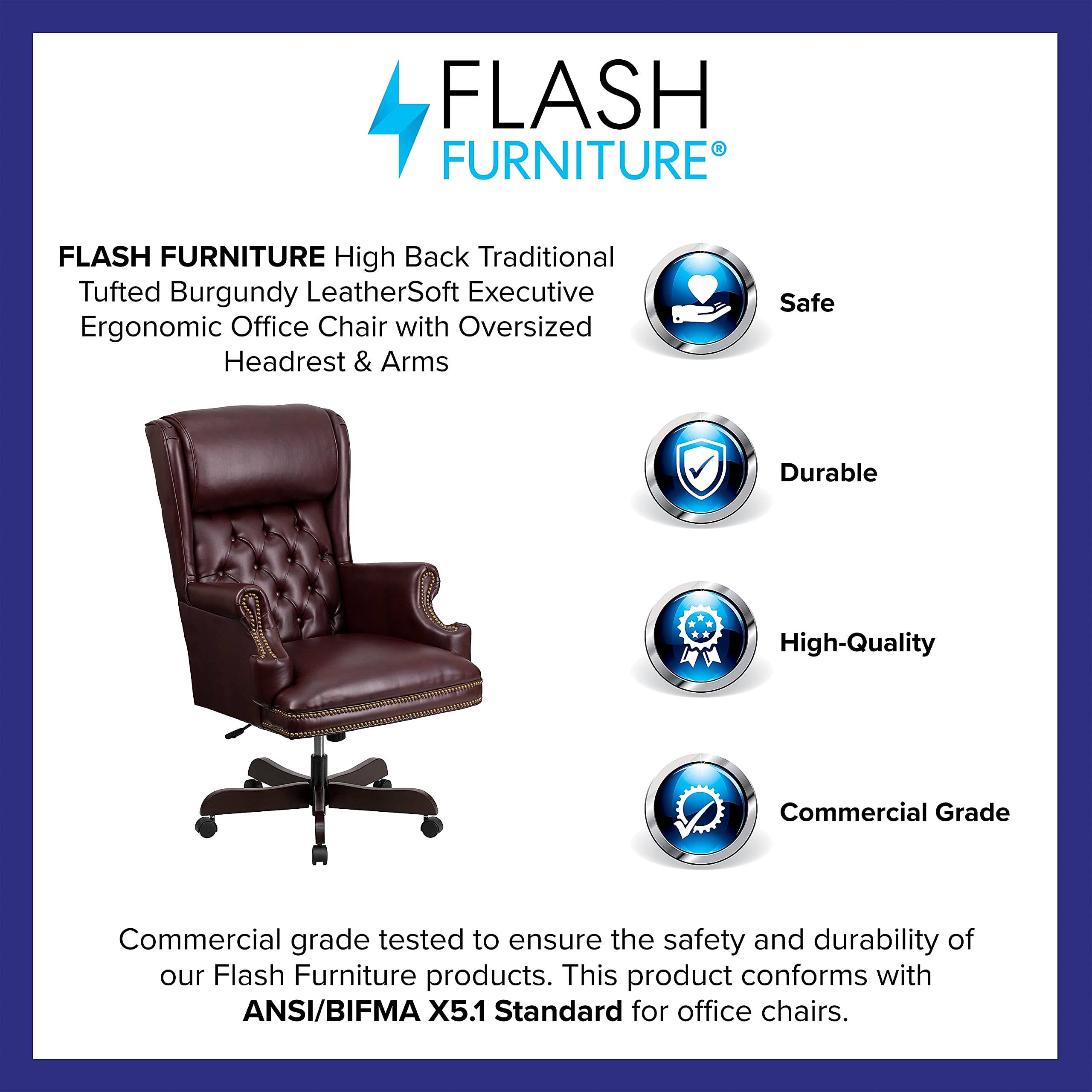 Flash Furniture High Back Traditional Tufted Burgundy Leathersoft Executive Ergonomic Office Chair With Oversized Headrest & Arms