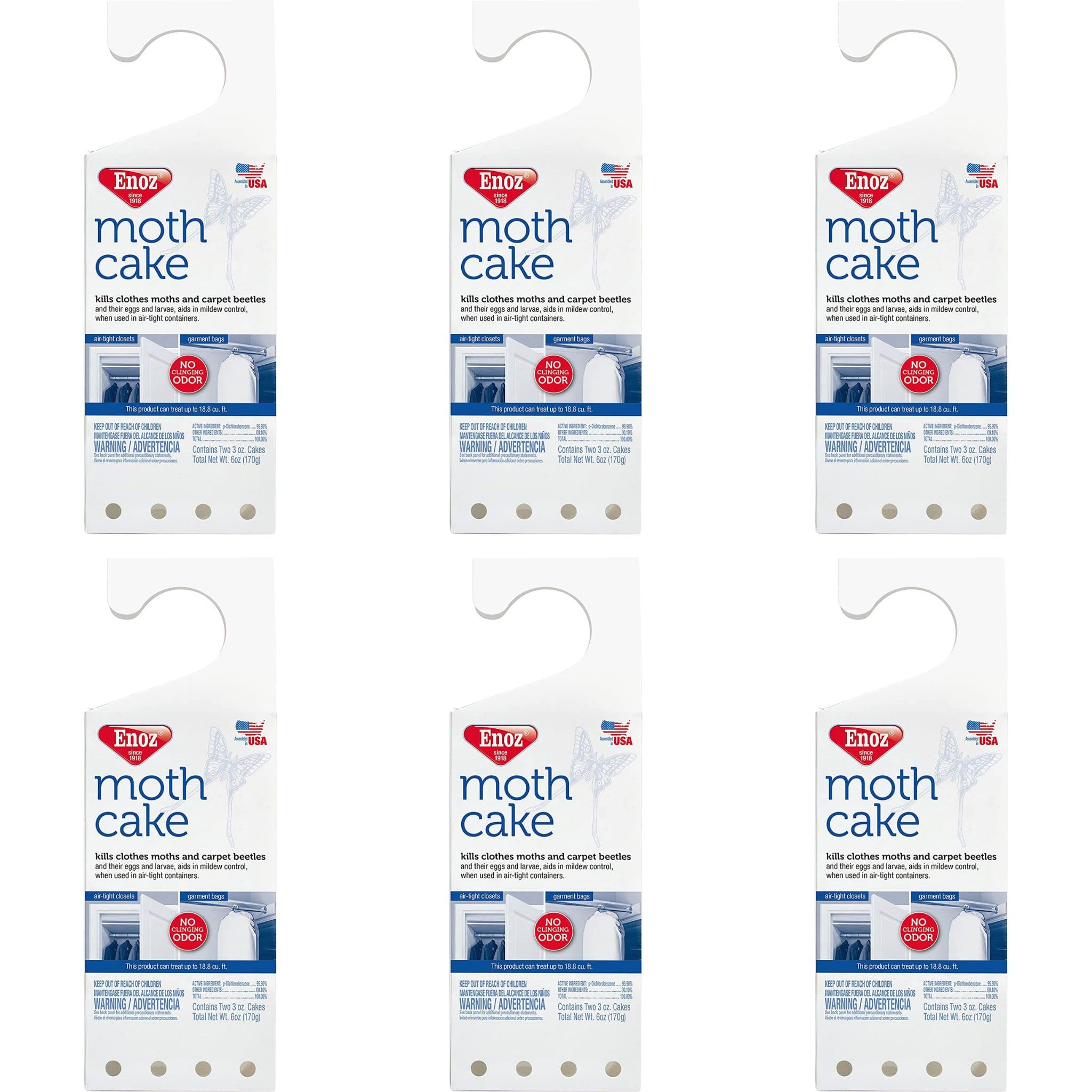 Enoz Moth Cakes - 6 oz (6 Pack) - Easily Hangs in Closets & Garment Bags - Kills Clothes Moths, Carpet Beetles, Eggs & Larvae - 