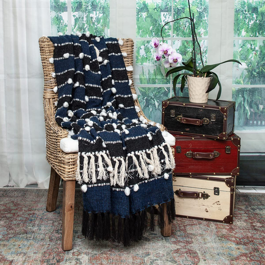 HomeRoots 50% Wool, 50% Acrylic Navy Blue Boho Woven Handloom Throw with Pom Pom