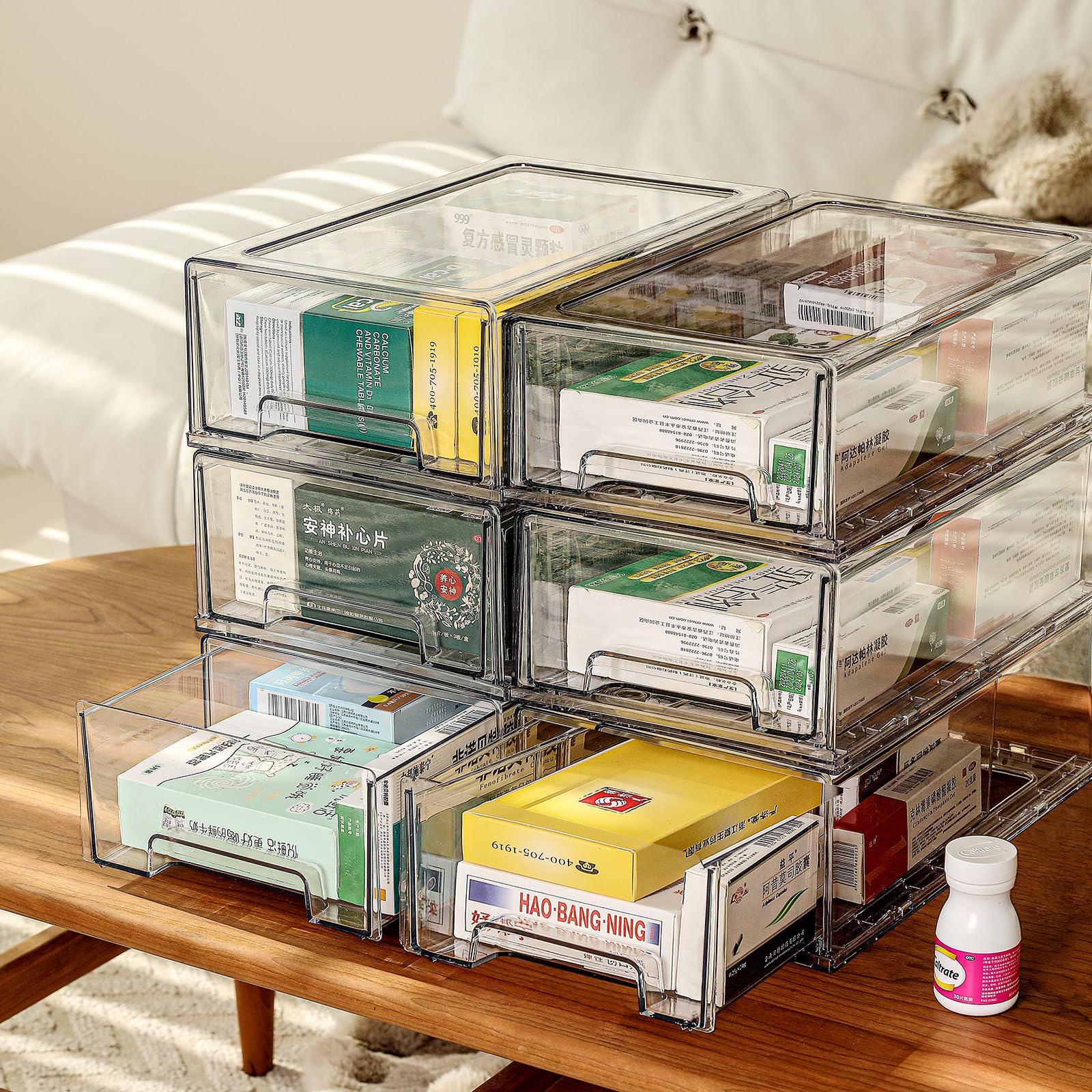 Sgoostood 6 Pack Stackable Organizer Drawers, Clear Desk Storage Box,Transparent Drawer In Home, Office And Kitchen Pull Out Org
