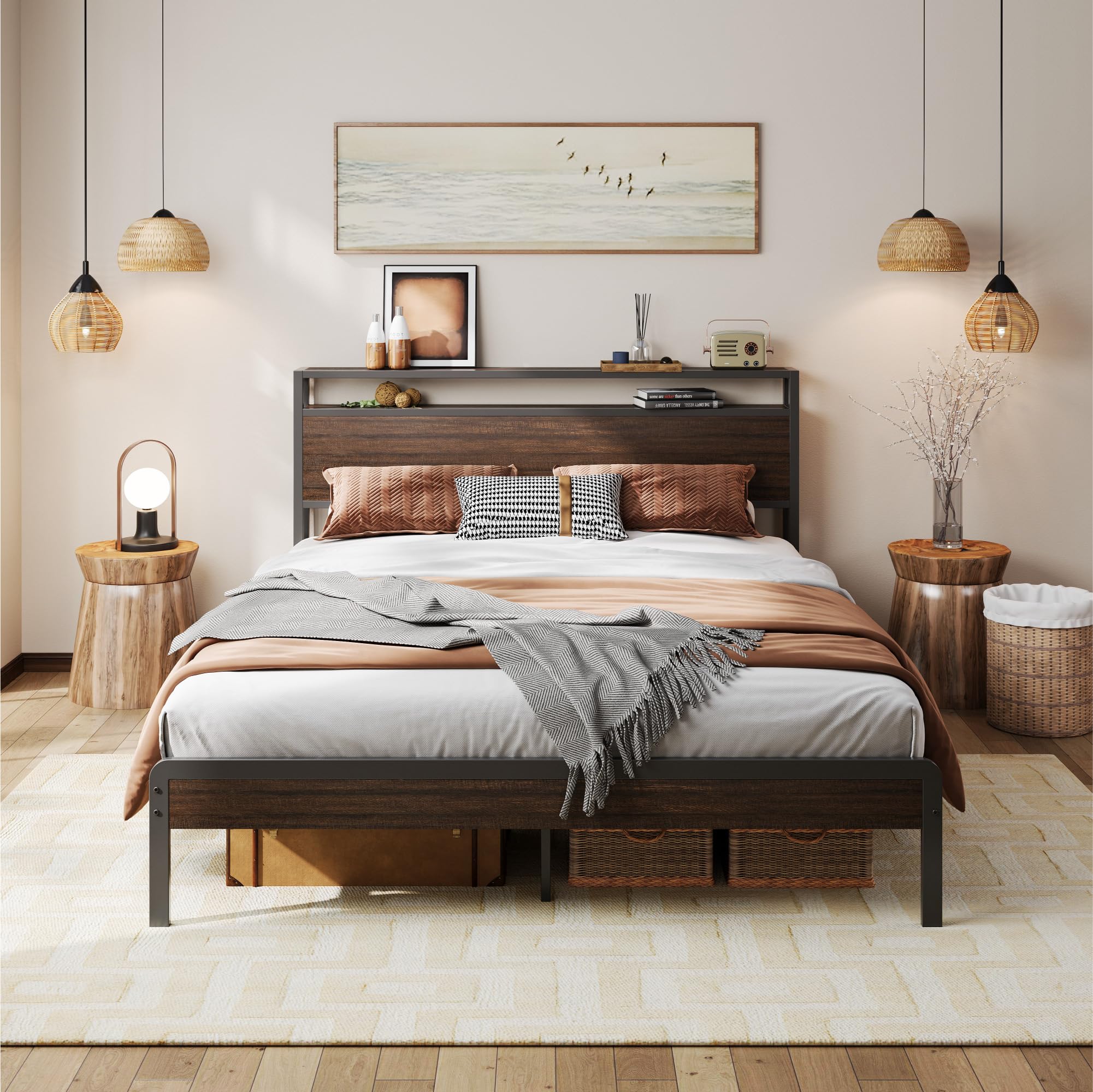 LIKIMIO Queen Bed Frame with Headboard, Dark Wood Camas Queen with Strong Supports, Sturdy, Noise-Free, No Box Spring Needed, Da