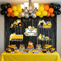 Construction Theme Birthday Party Decoration Kit For Boys With Foil Curtain, Truck And Jcb Vehicle Posters, Balloons, Yellow And