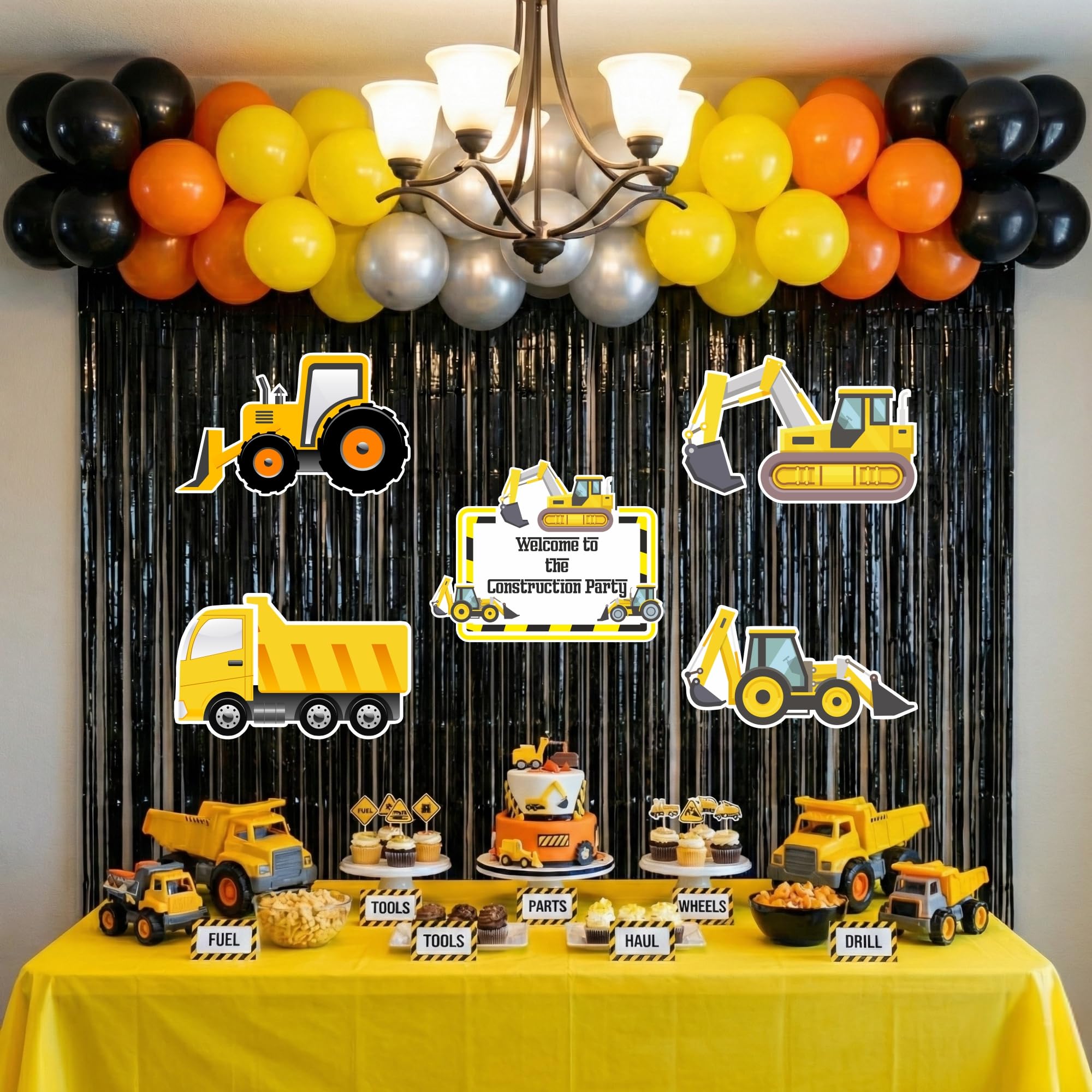 Construction Theme Birthday Party Decoration Kit For Boys With Foil Curtain, Truck And Jcb Vehicle Posters, Balloons, Yellow And