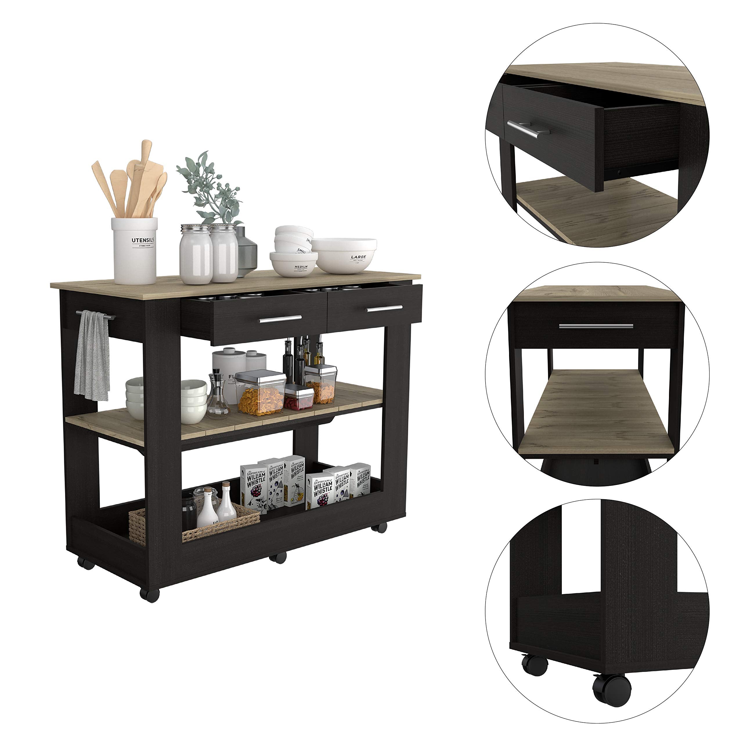 Fm Furniture Brooklyn 80 Kitchen Island, With Two Shelves And Two Drawers, Black. For Kitchen Room