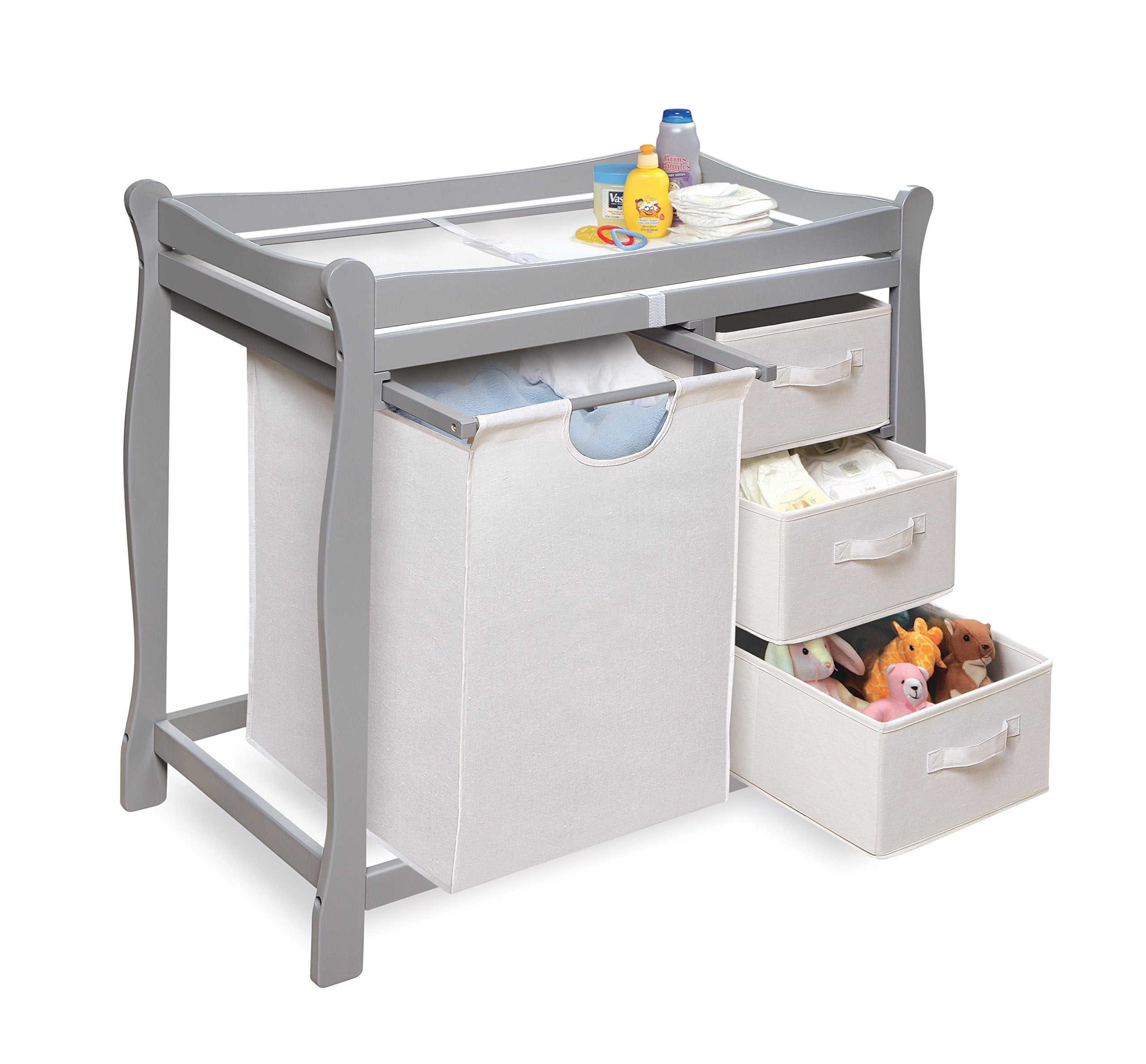 Badger Basket Sleigh-Style Baby Changing Table In Gray – Safe Changing Station With 3 Baskets, Hamper, And Changing Pad
