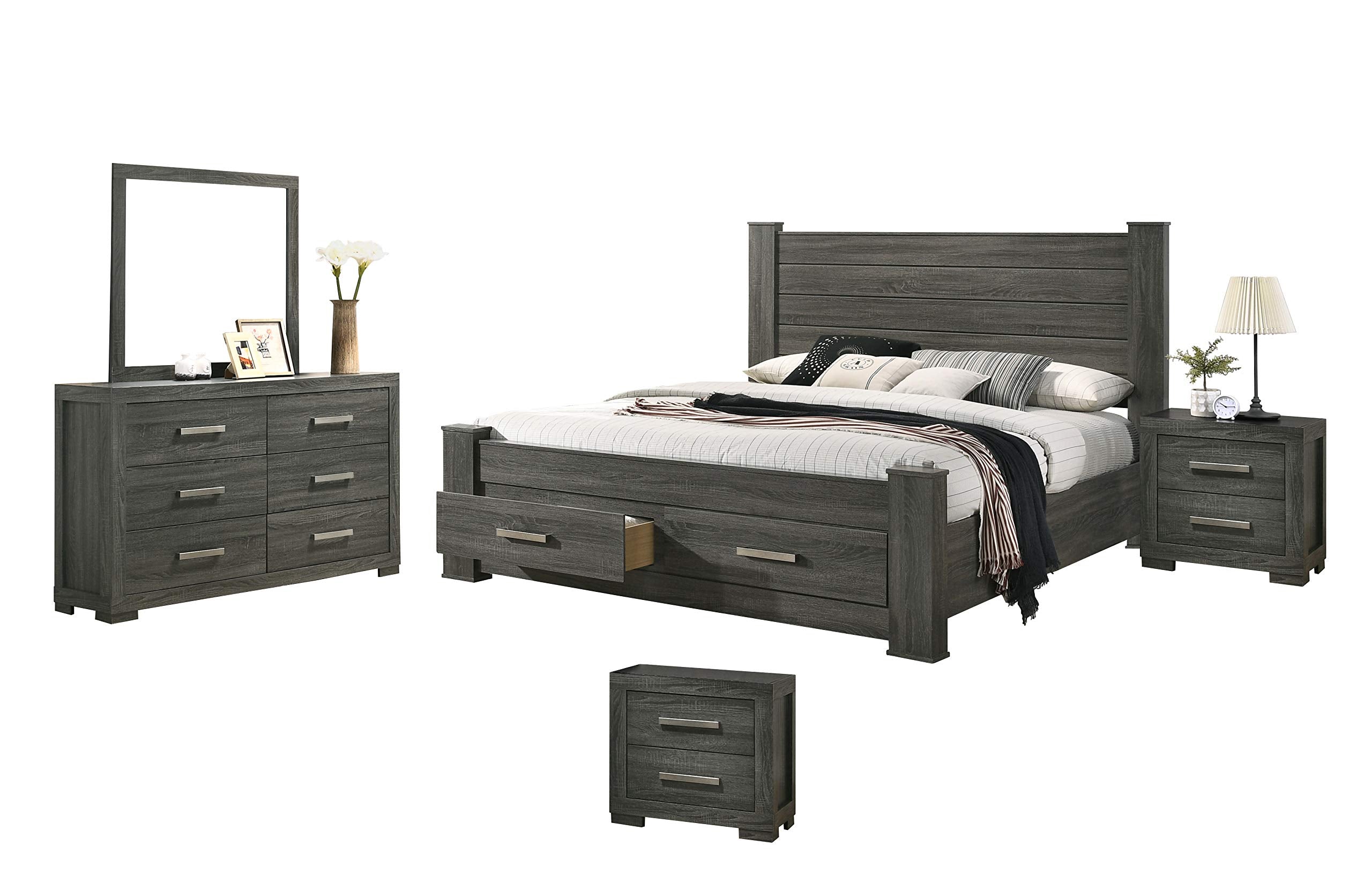 Best Quality Furniture 5Pc Queen Bed + Dresser + Mirror + 2 Nightstands, Weathered Gray