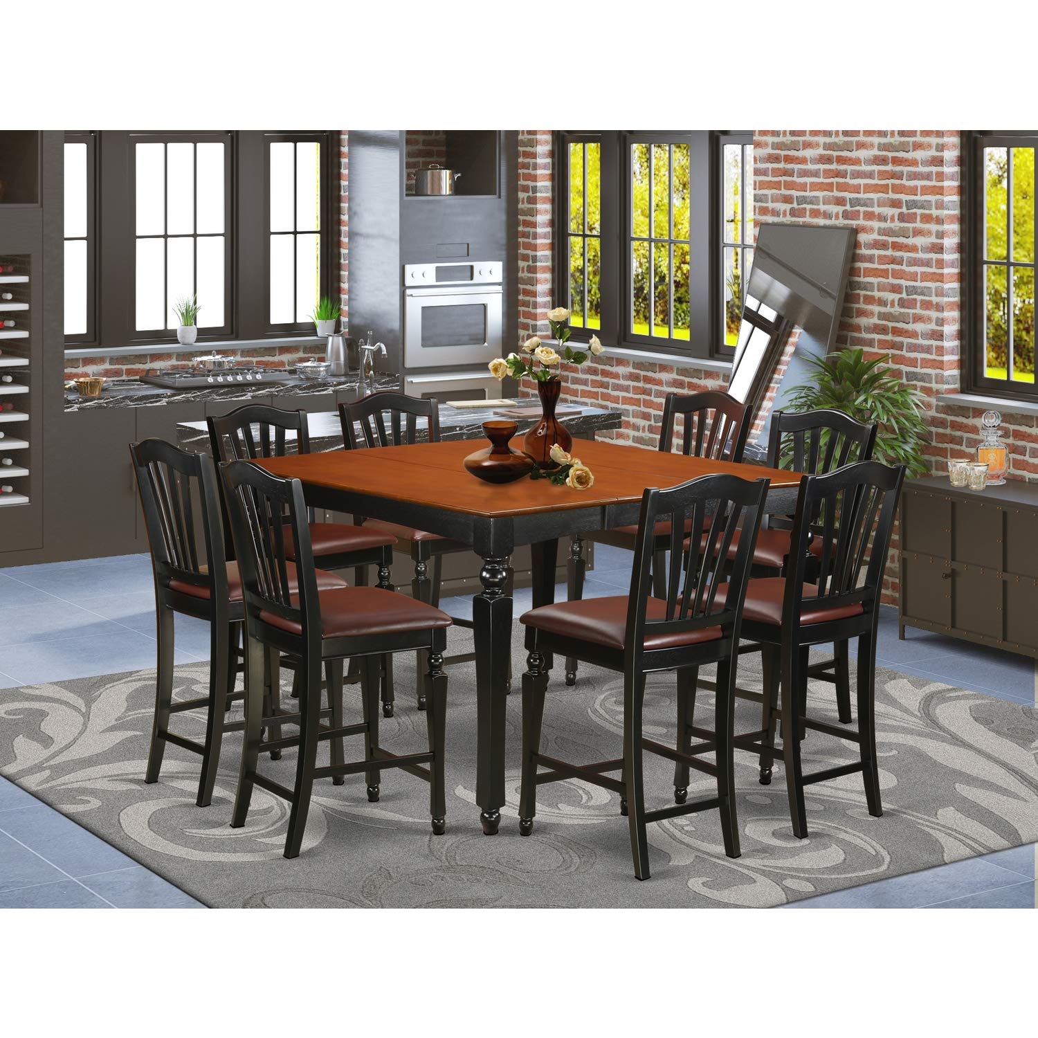 East West Furniture CHEL9-BLK-LC Chelsea 9 Piece Counter Height Set Includes a Square Kitchen Table with Butterfly Leaf and 8 Faux Leather Dining Room Chairs, 54x54 Inch