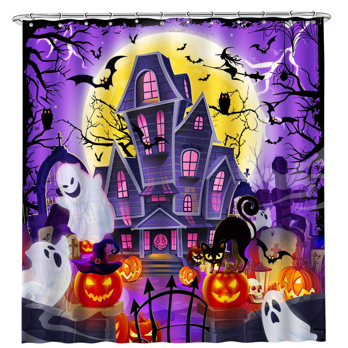 Unibyby Halloween Shower Curtain, Halloween Castle Waterproof Bath Curtain-71 X 71', Spooky Pumpkins And Ghost Bathroom Decor,
