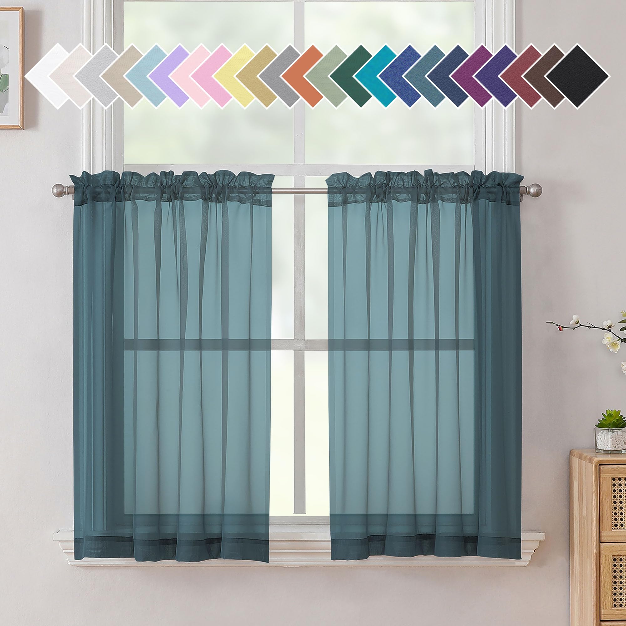 Aiyufeng Dusty Blue Sheer Curtains 36 Inches Long, Short Kitchen Window Treatment Solid Sheers Cafe Curtains Bathroom Voile Half