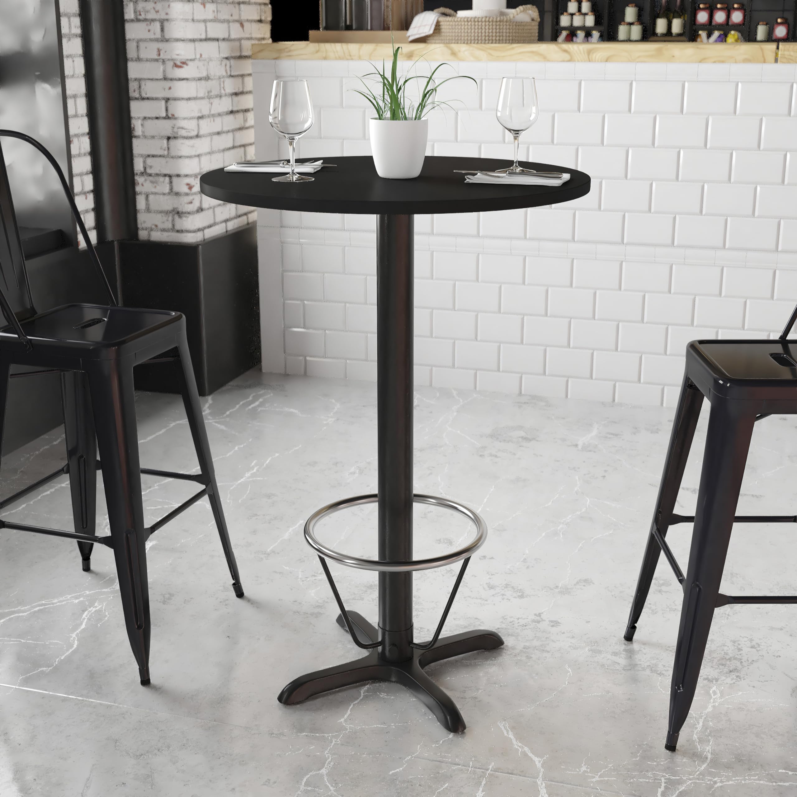 Flash Furniture 30'' Round Black Laminate Table Top With 22'' X 22'' Bar Height Table Base And Foot Ring