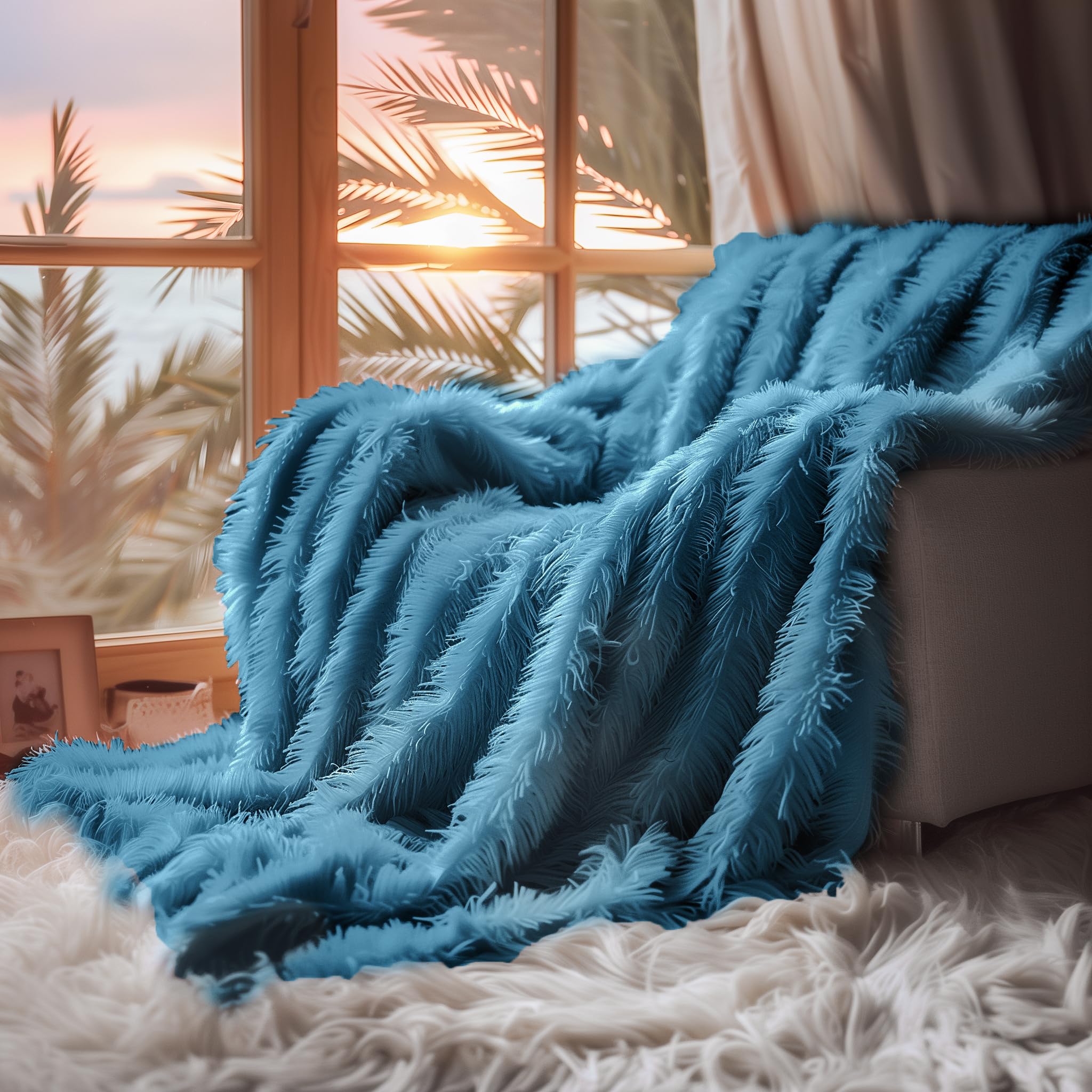 Hyde Lane Dark Teal Fuzzy Throw Blanket For Couch Sofa, Reversible Ultra Soft Faux Fur Throws, Plush Fluffy Blankets | 60X80 Pea
