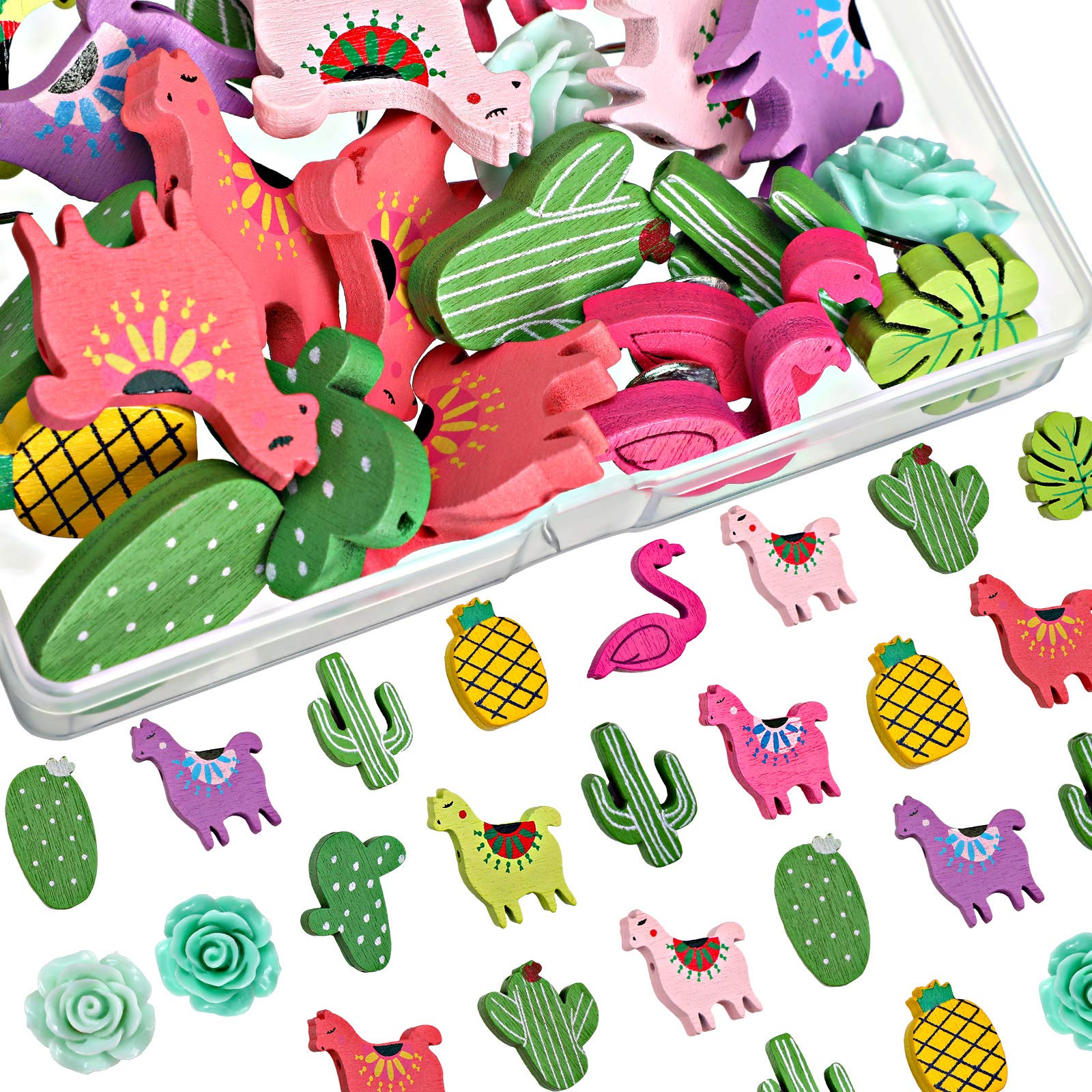 Zonon 30 Pieces Decorative Push Pins Set Tropical Wooden Push Pins Thumbtacks Cute Cactus Llama Flamingo Alpaca Leaf Thumb Tacks