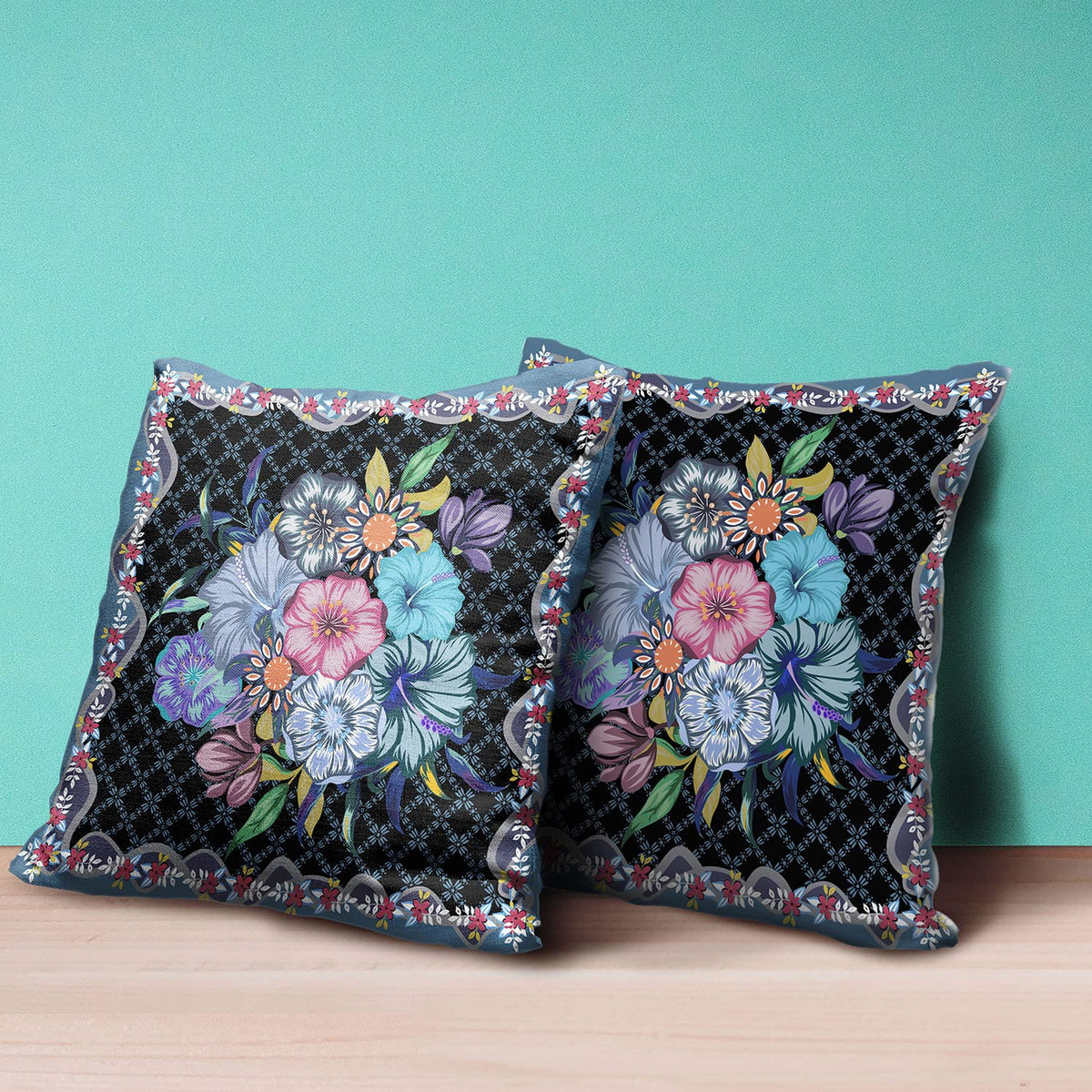 HomeRoots 26x26 Black Blue Blown Seam Broadcloth Floral Throw Pillow