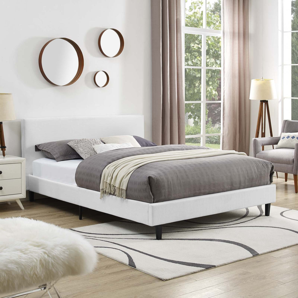 Modway Anya Upholstered White Full Platform Bed with Wood Slat Support