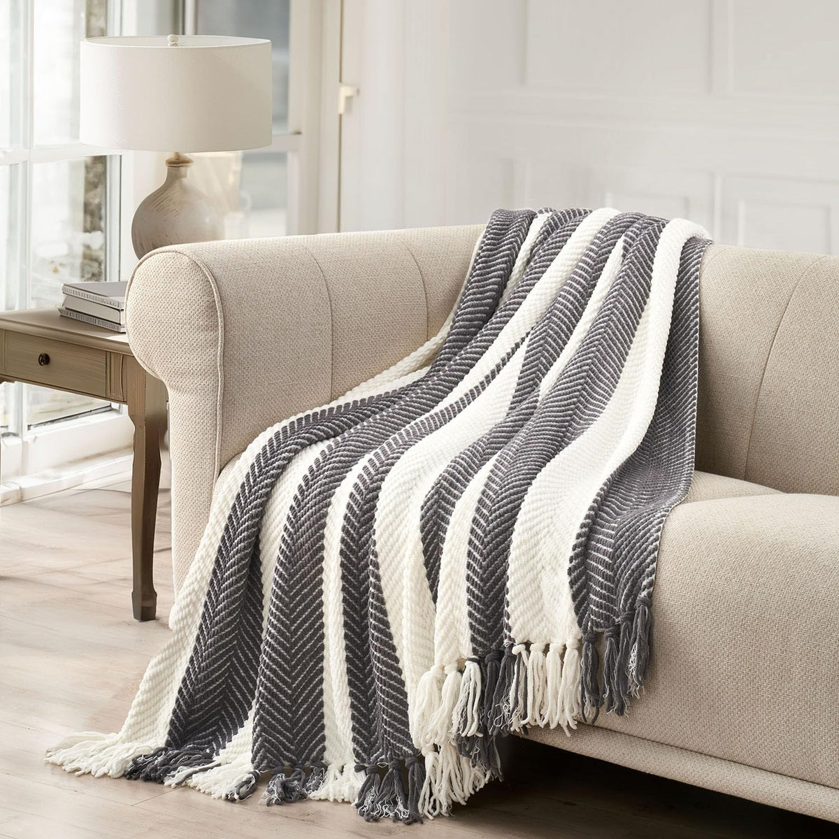 Evergrace Striped Chenille Knit Charcoal Gray Throw Blanket For Couch, Textured Woven Boho Knitted Blanket For Bed, Super Soft C