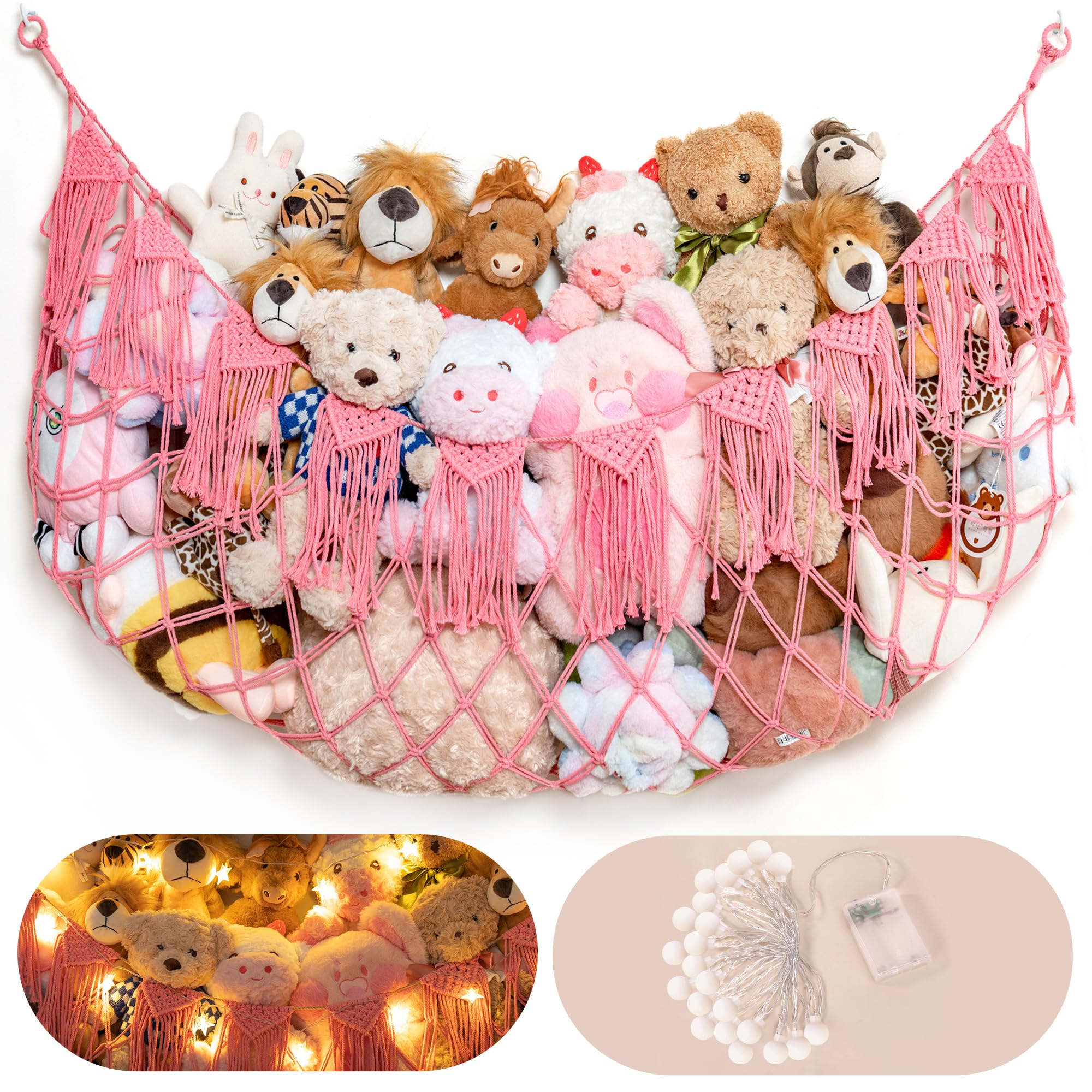 Stuffed Animal Storage Hammock or Net with Lights- Big Wall Hanging Stuff Animal Organizer Holder for Plush Plushie, Boho Macram
