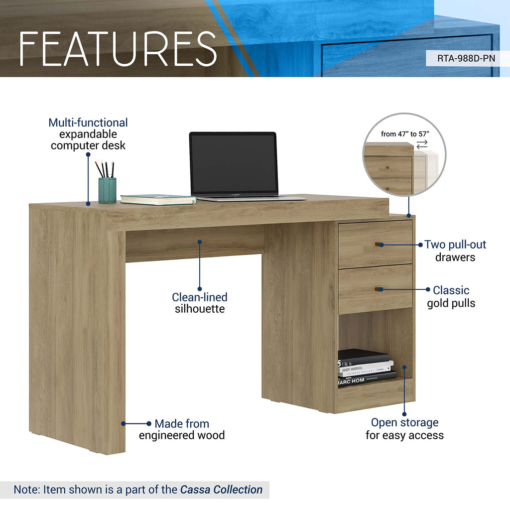 Techni Mobili Expandable Desk With Storage Drawers & Open Shelf - Expands From 47 Inch To 57 Inch - Pine Computer Desk With Printer Space - Modern Home Office Table With Drawers Blanco Collection