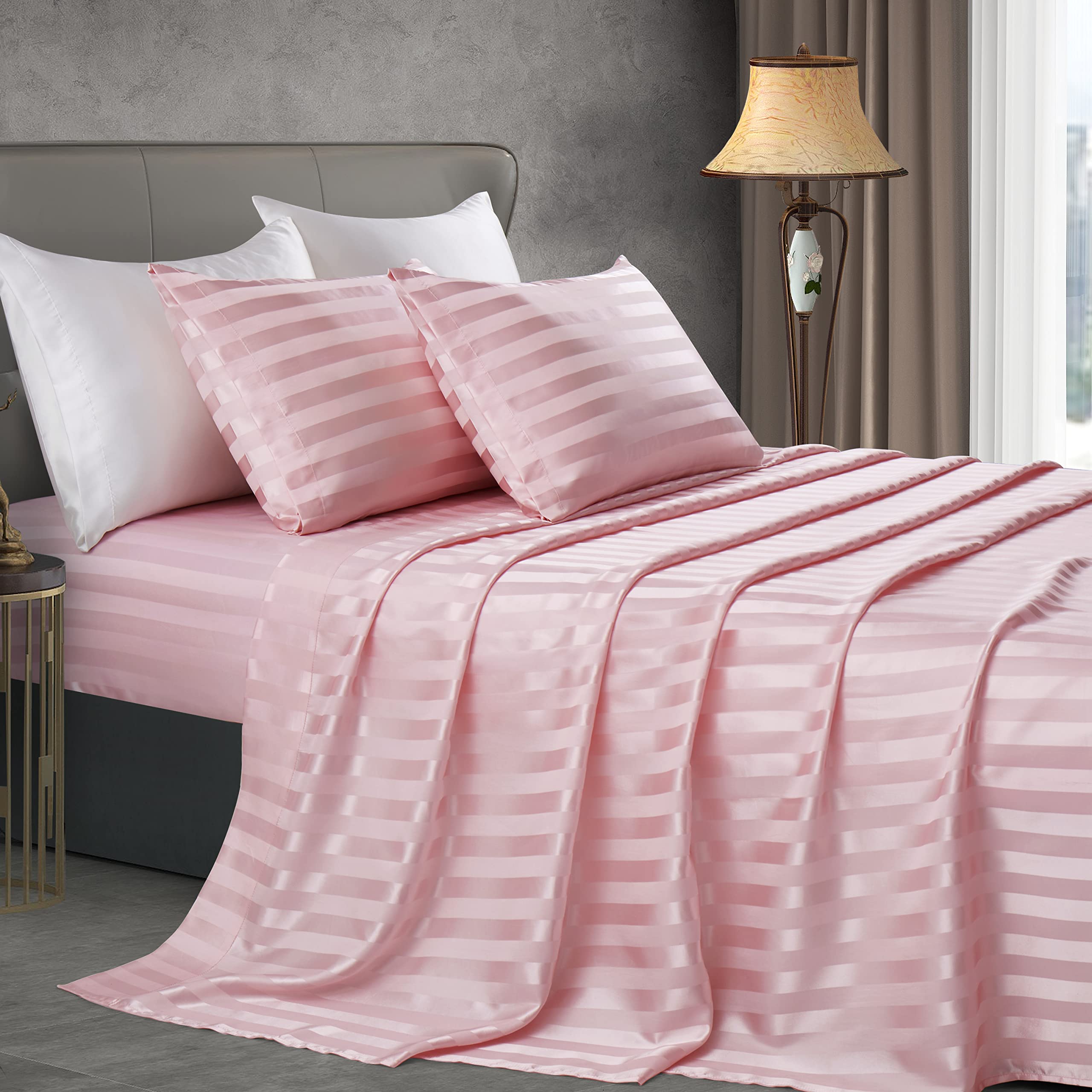 Manyshofu Blush Pink Satin Striped Sheets - 3Pcs Satin Sheets Twin Size, Cooling Silky Satin Bed Sheets Luxury Bedding Sheet Set