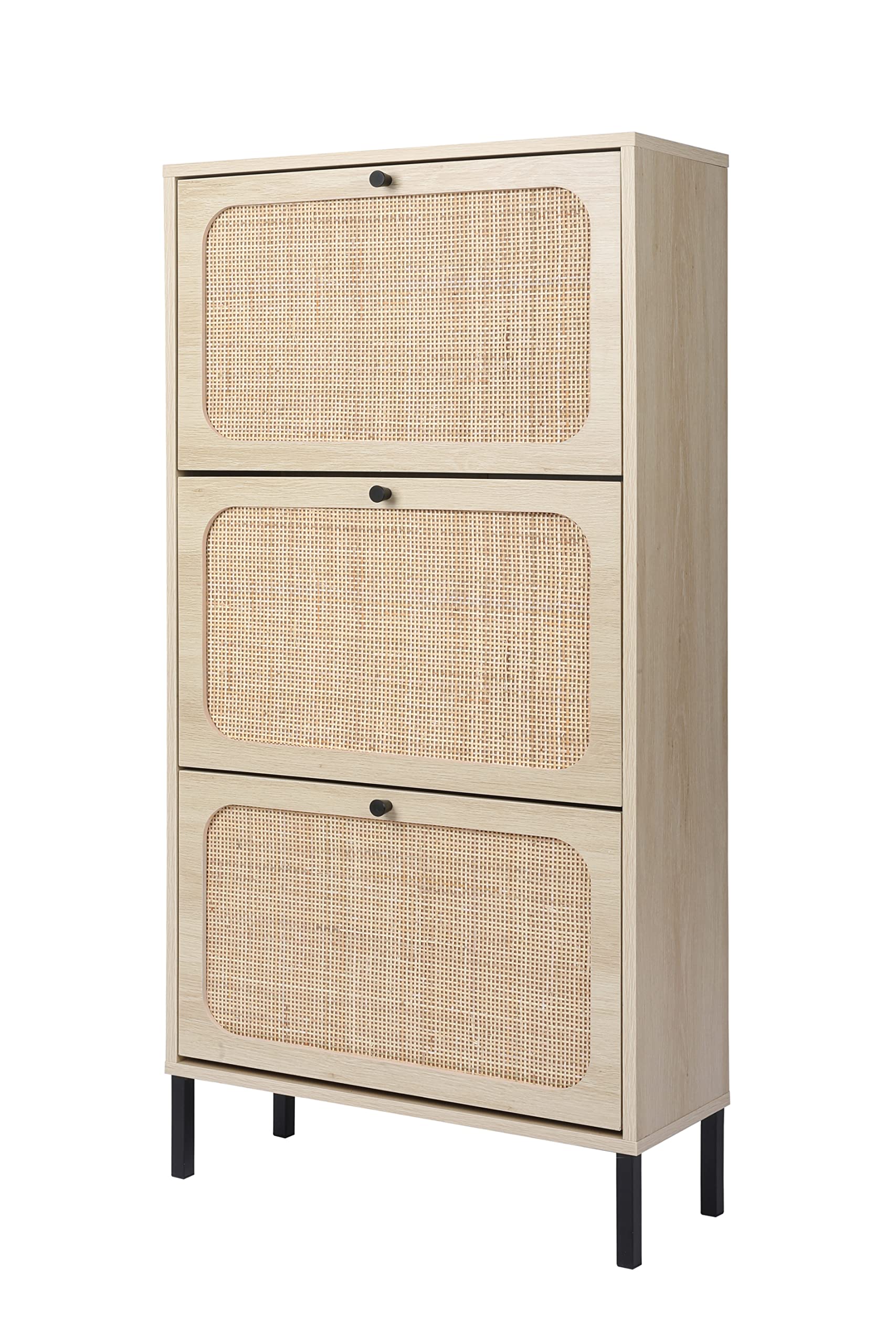 ZeHuoGe Natural Rattan Cabinet with 3 Flip Drawers, Free Standing Modern 3-Tier Shoe Storage Rack for Heels, Slippers, Entrance 